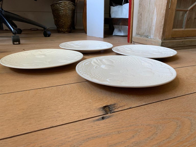 Set of Four circa 1950s White Ceramic Embossed Fruit Plates by Ed
