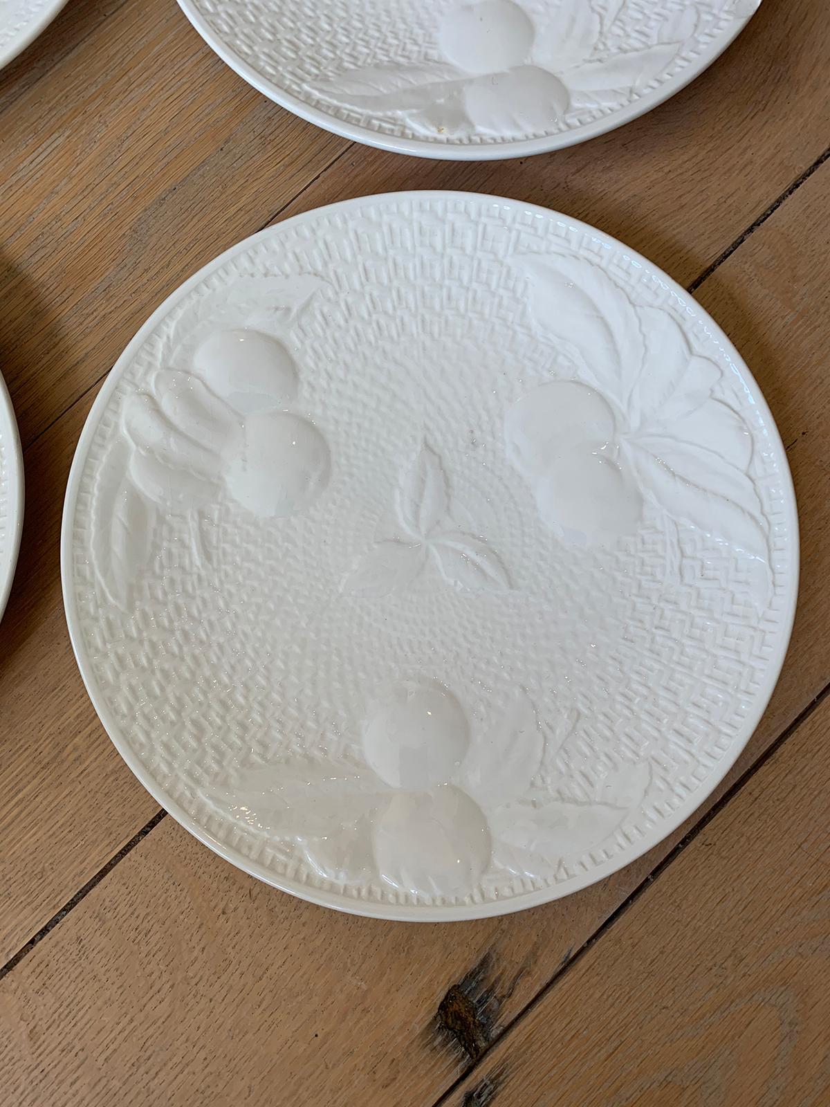 20th Century Set of Four circa 1950s White Ceramic Embossed Fruit Plates by Ed Langbein