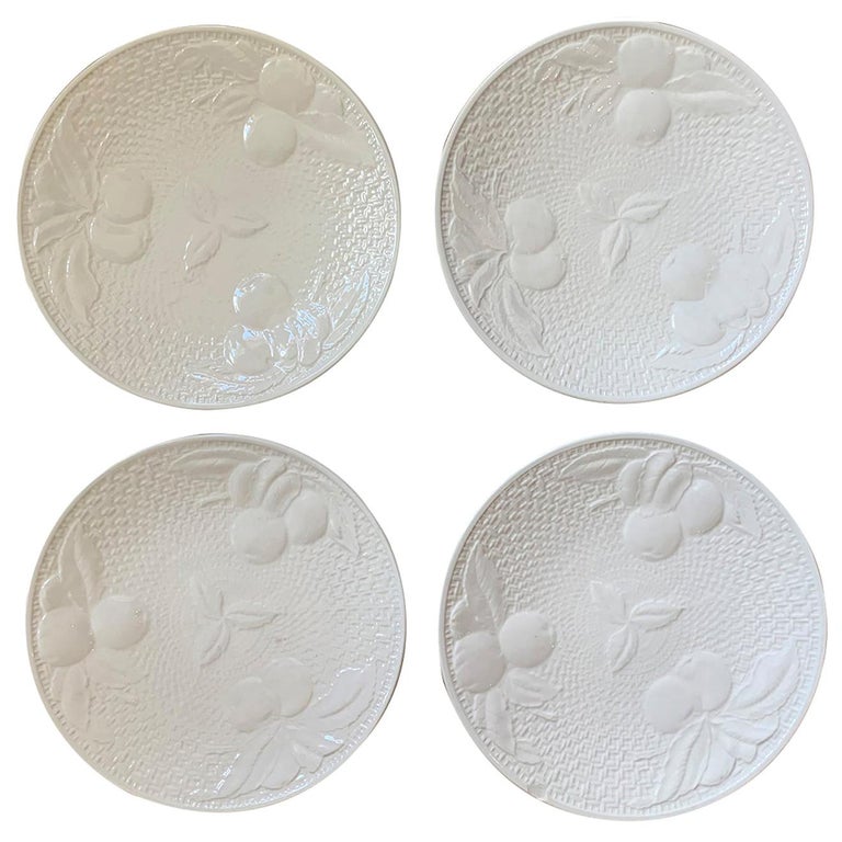 Set of Four circa 1950s White Ceramic Embossed Fruit Plates by Ed