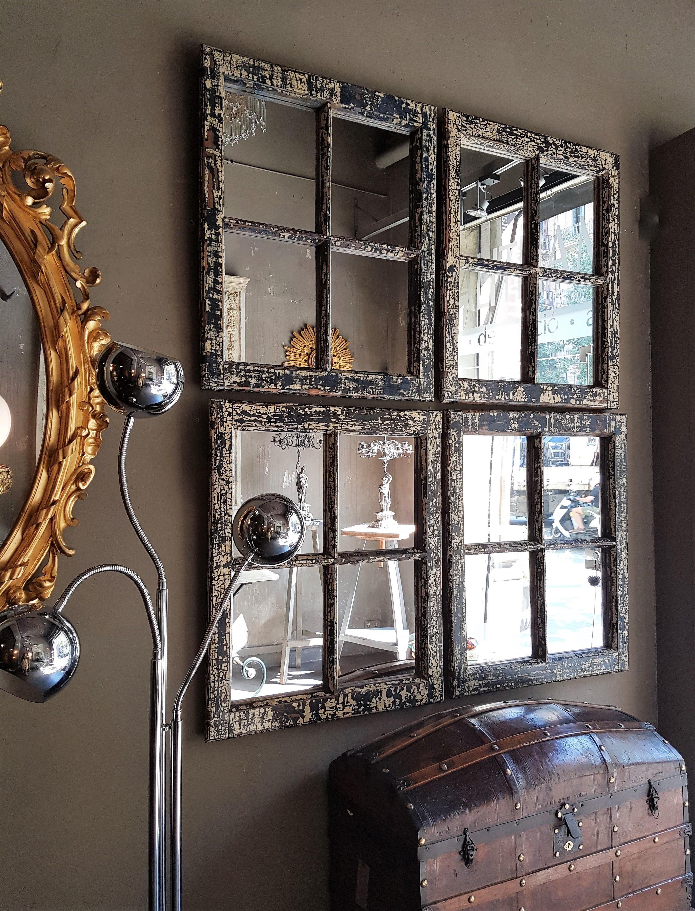 Industrial Wooden Window Frame Mirrors, Set of Four In Excellent Condition In Barcelona, ES