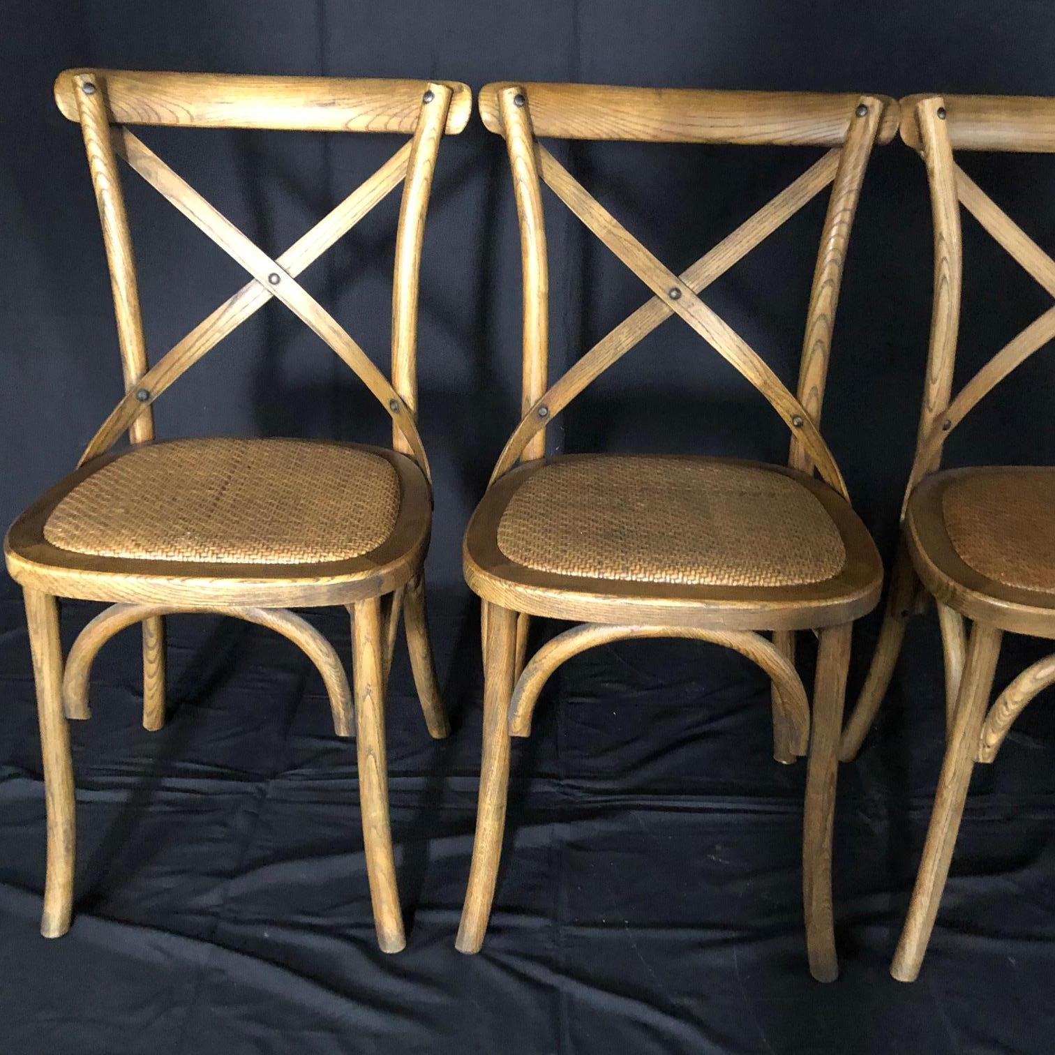 Campaign Set of Four Classic French Bentwood Bistro Chairs with Woven Seats