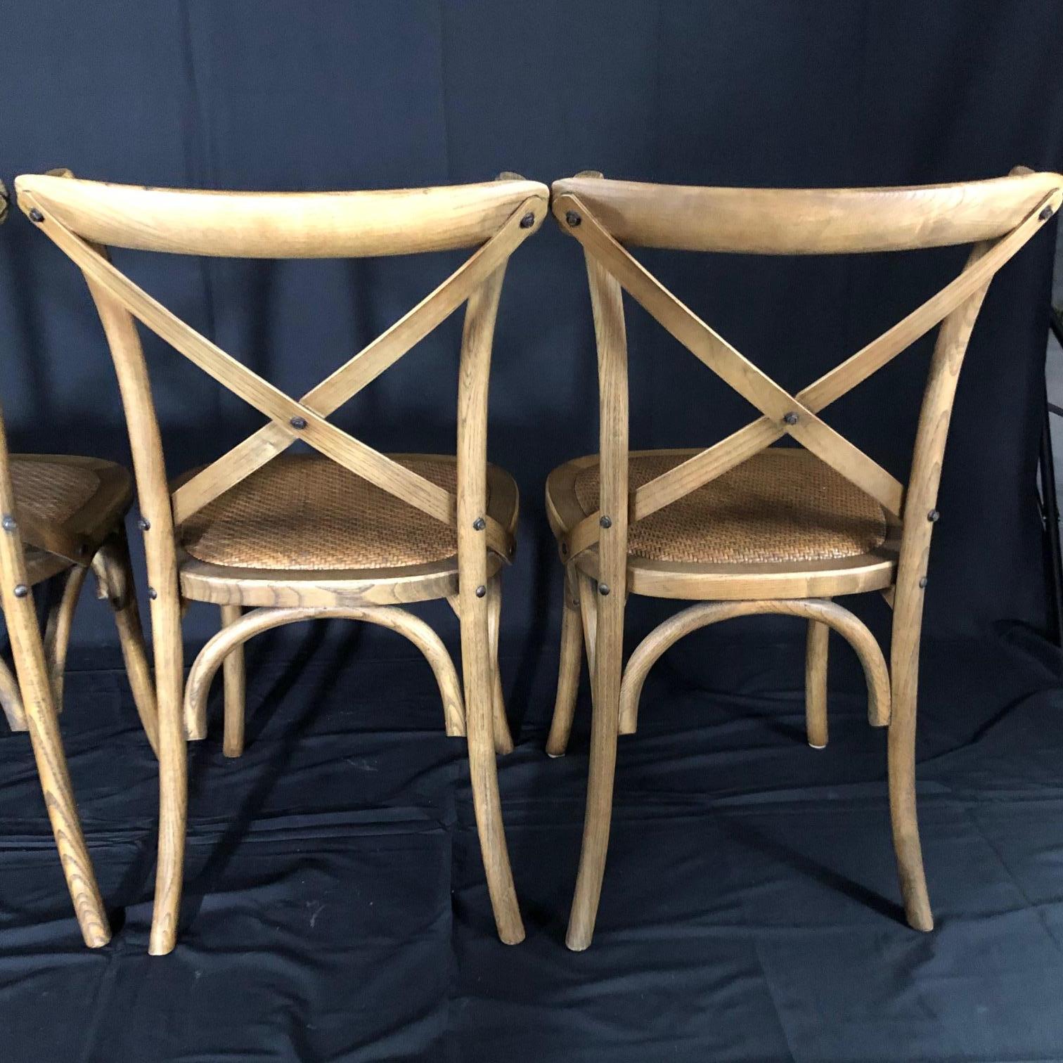 Late 20th Century Set of Four Classic French Bentwood Bistro Chairs with Woven Seats