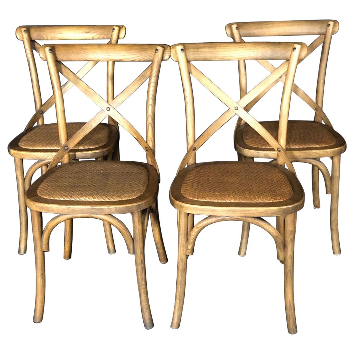 Set of Four Classic French Bentwood Bistro Chairs with Woven Seats