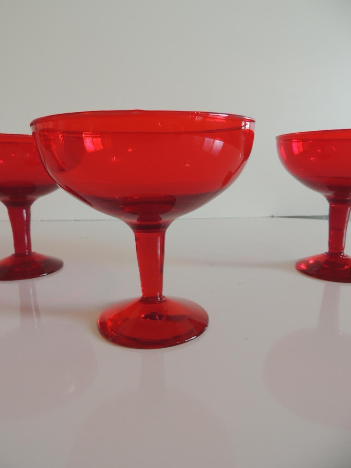 Mid-Century Modern Set of Four Classic Vintage Cranberry Champagne Coupe Glasses
