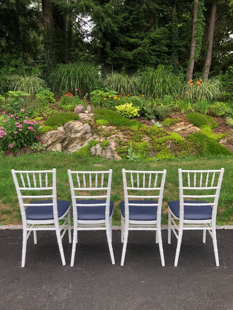 Set of Four Classic White Wooden Chiavari Chairs with Navy Seats For Sale 6