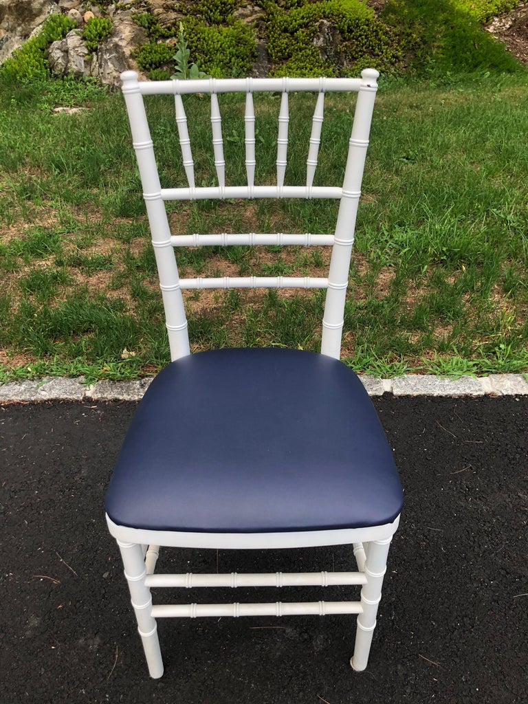 Set of Four Classic White Wooden Chiavari Chairs with Navy Seats For Sale 11