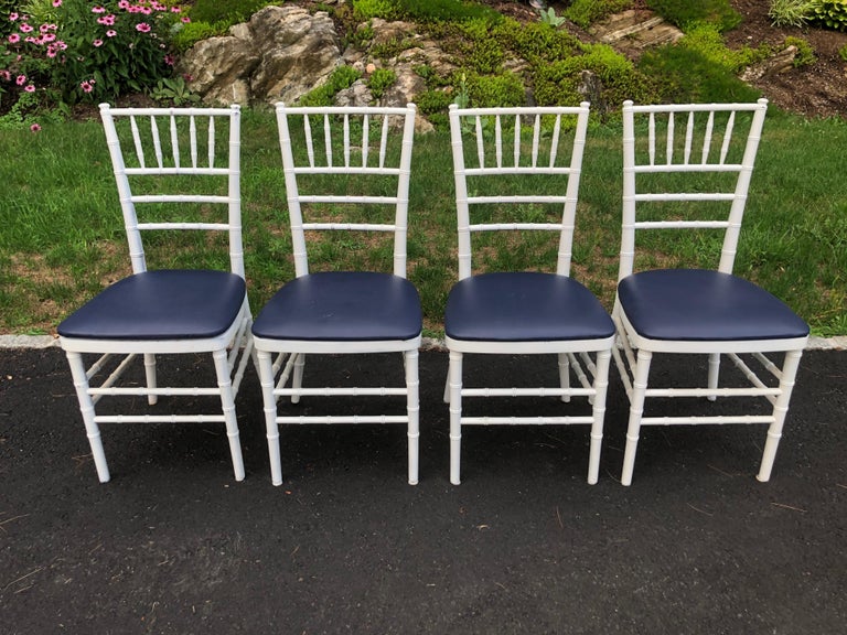 Set of Four Classic White Wooden Chiavari Chairs with Navy Seats In Good Condition For Sale In Redding, CT