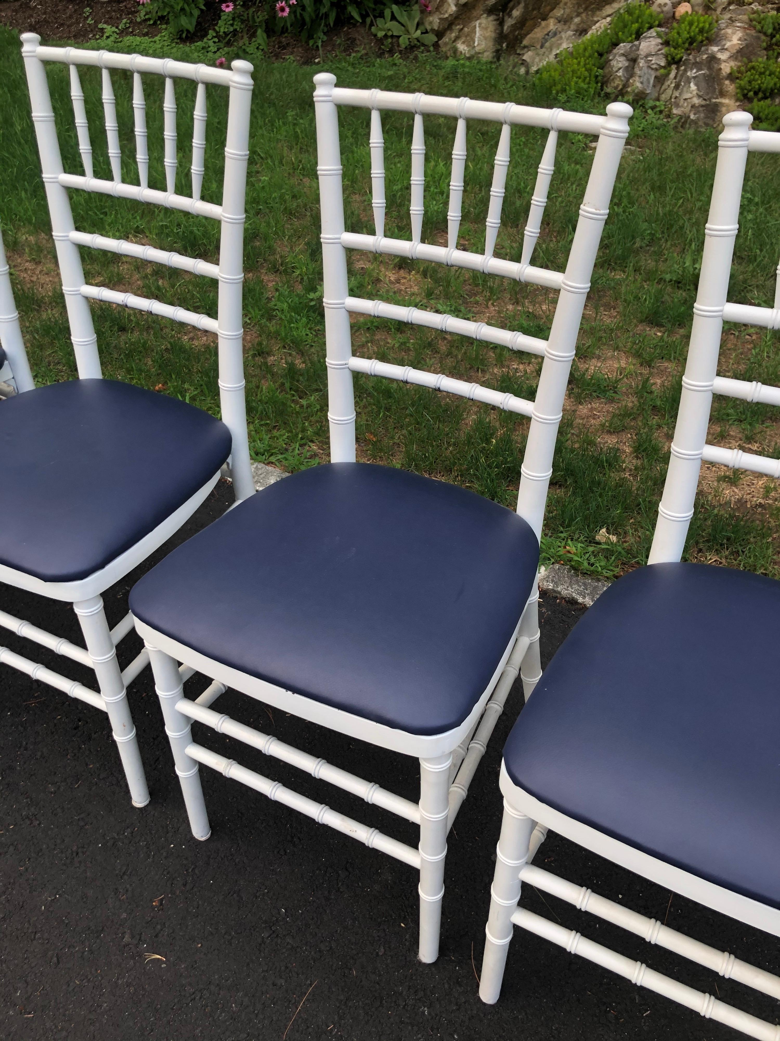 Faux Leather Set of Four Classic White Wooden Chiavari Chairs with Navy Seats For Sale