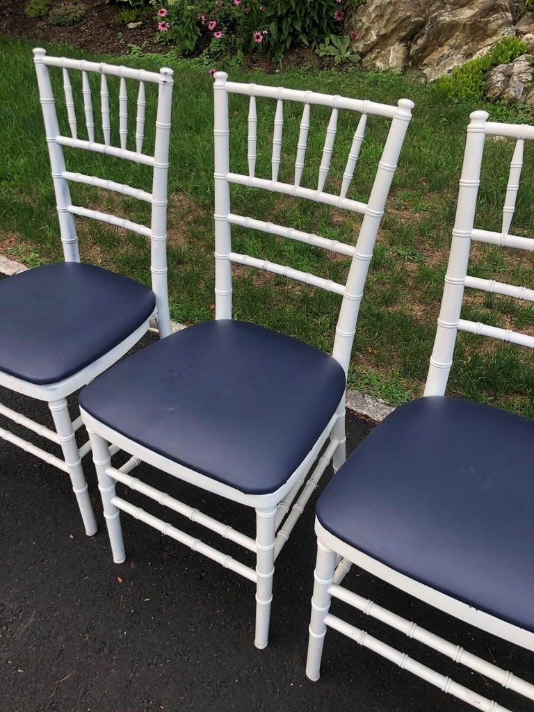 Set of Four Classic White Wooden Chiavari Chairs with Navy Seats For Sale 2