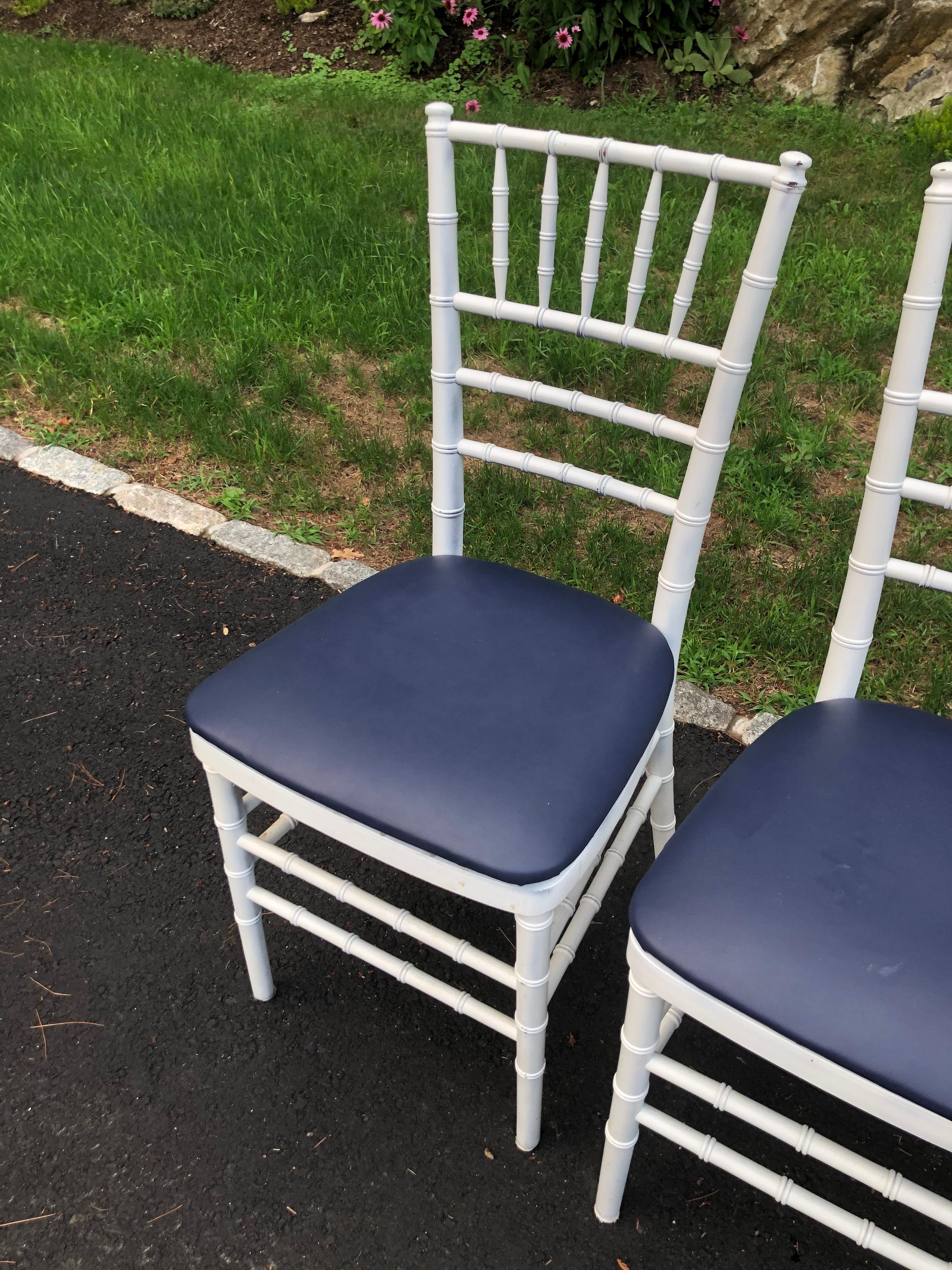 Set of Four Classic White Wooden Chiavari Chairs with Navy Seats For Sale 2