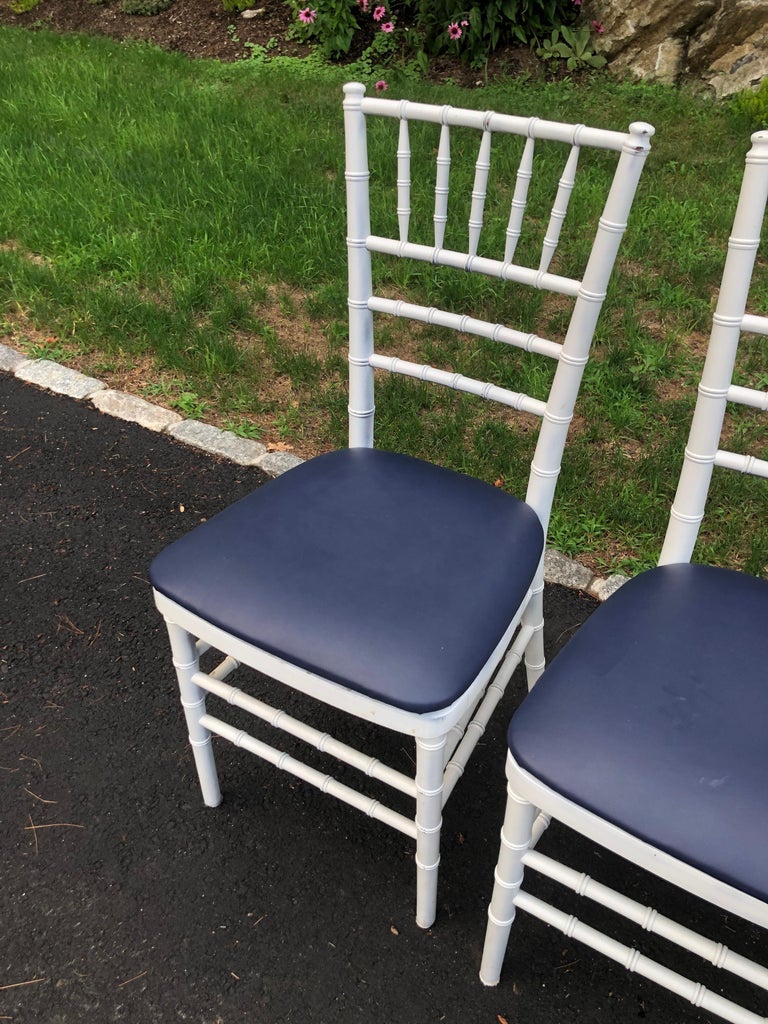 Set of Four Classic White Wooden Chiavari Chairs with Navy Seats For Sale 3
