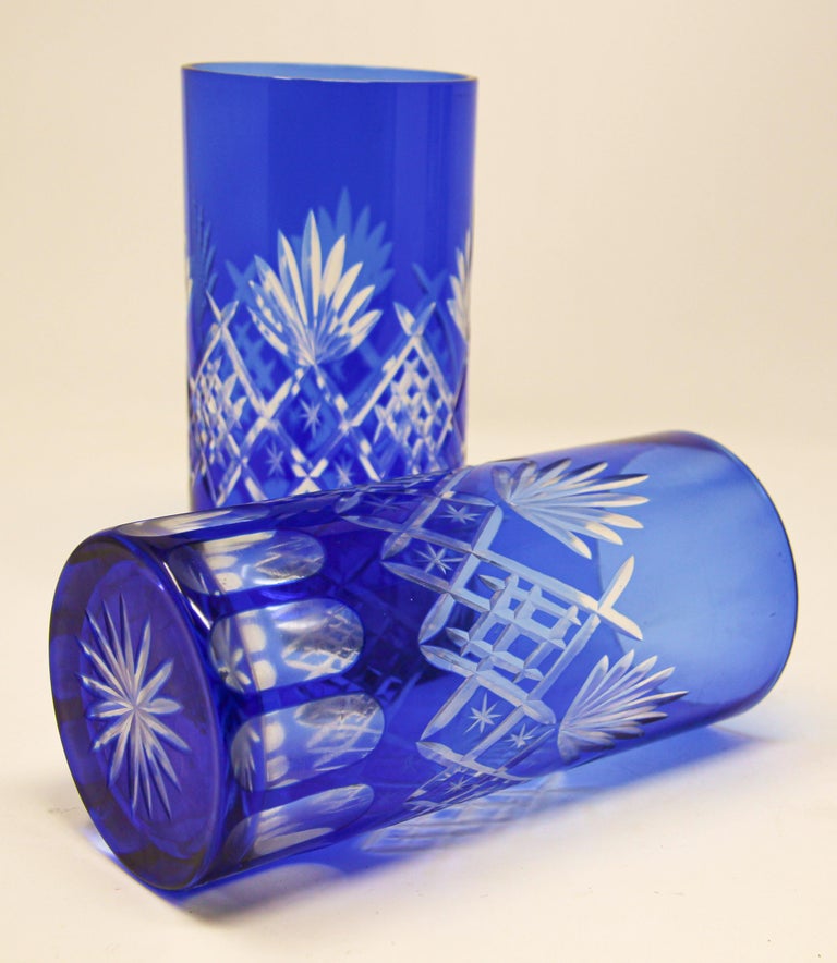 Set Of Four Cobalt Blue Cut Crystal Drinking Rock Glasses Tumbler At