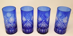 Set of Four Cobalt Blue Cut Crystal Drinking Rock Glasses Tumbler