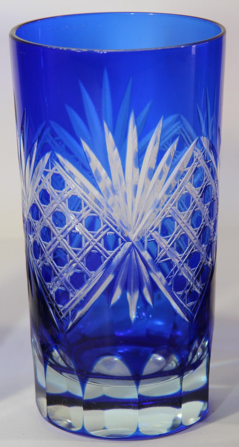 Set of Four Cobalt Blue Cut Crystal Drinking Rock Glasses Tumbler at