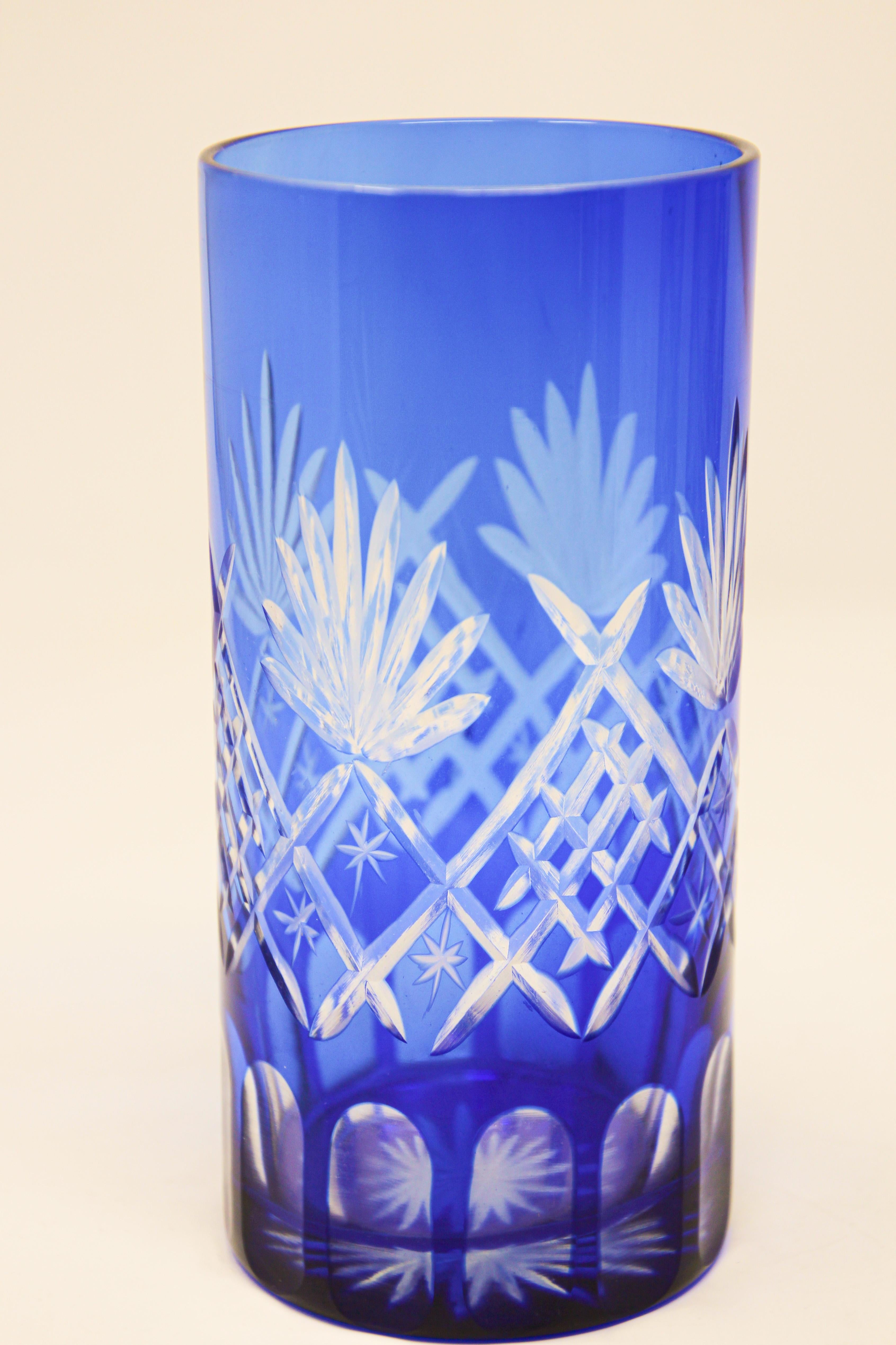 Art Nouveau Set of Four Cobalt Blue Cut Crystal Drinking Rock Glasses Tumbler