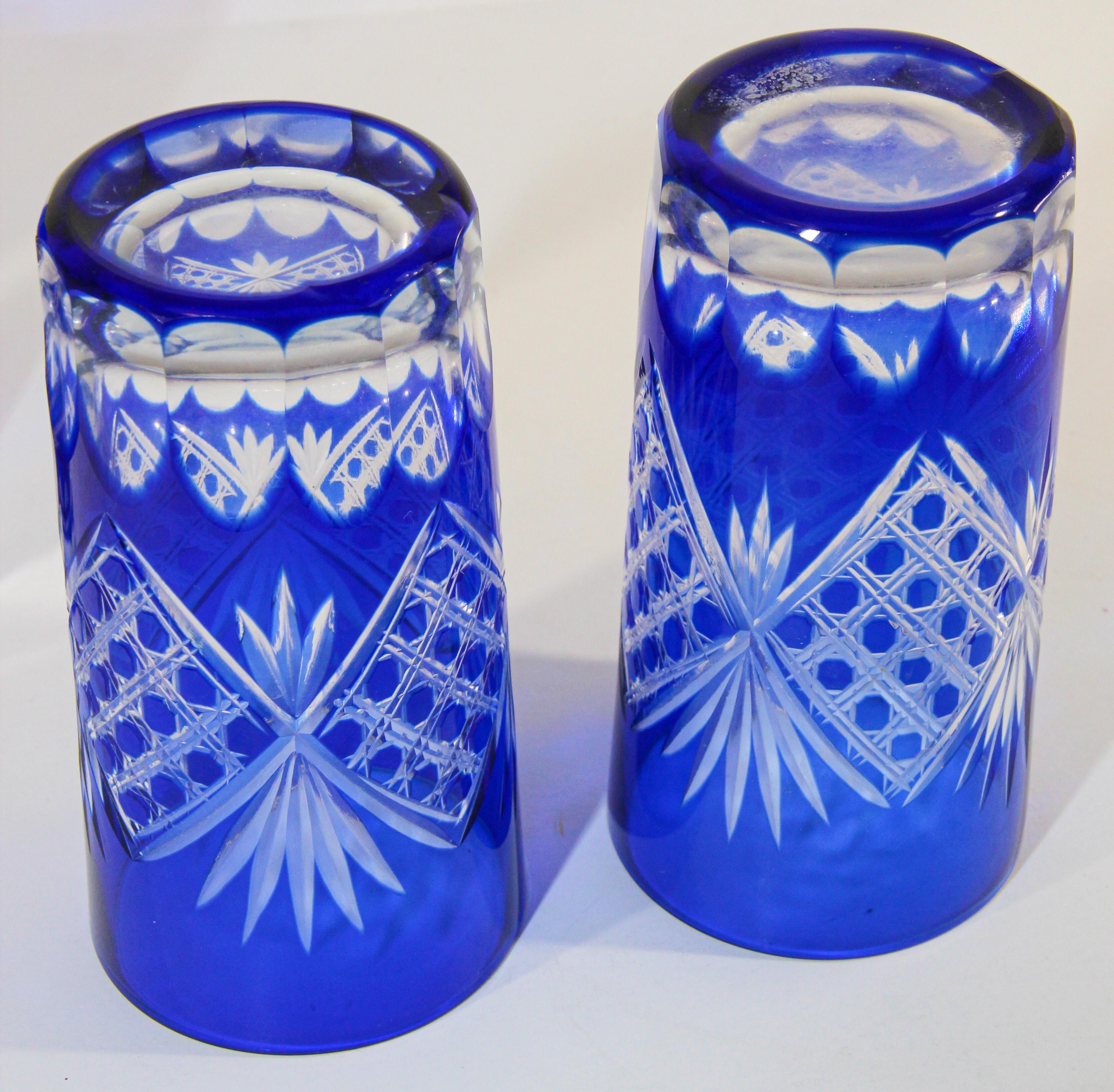 Art Nouveau Set of Four Cobalt Blue Cut Crystal Drinking Rock Glasses Tumbler