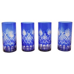 Vintage Set of Four Cobalt Blue Cut Crystal Drinking Rock Glasses Tumbler