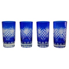 Retro Set of Four Cobalt Blue Cut Crystal Drinking Rock Glasses Tumbler