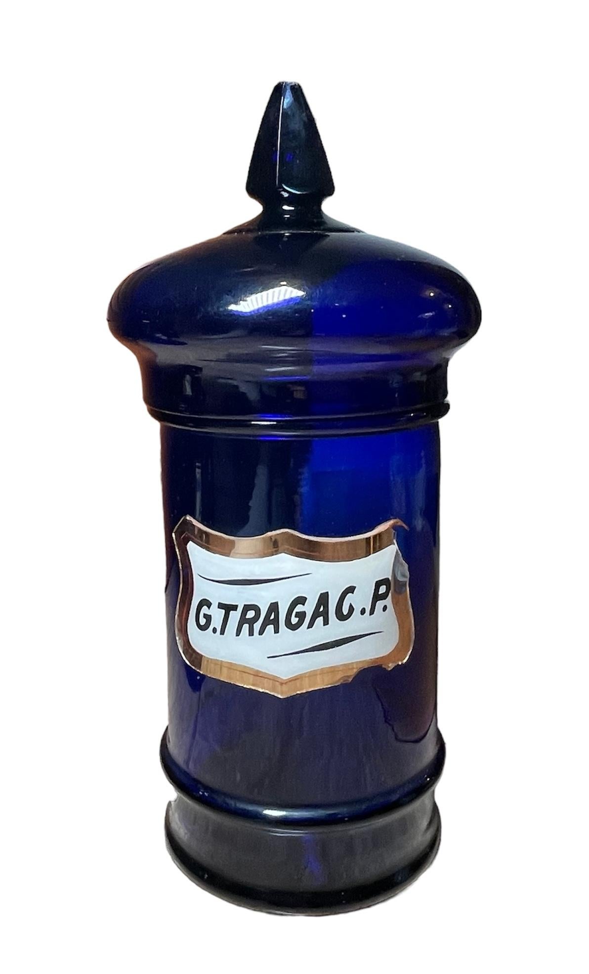 Dies ist ein Satz von vier Apothekergefäßen. Es zeigt vier zylindrische, kobaltblaue Apothekergläser mit Deckel. Die Etiketten tragen die jeweiligen Namen - R.Altea.CT, G.Mirra, R.Genciana und G.Tragag.P. Die Etiketten sind weiß mit vergoldeten