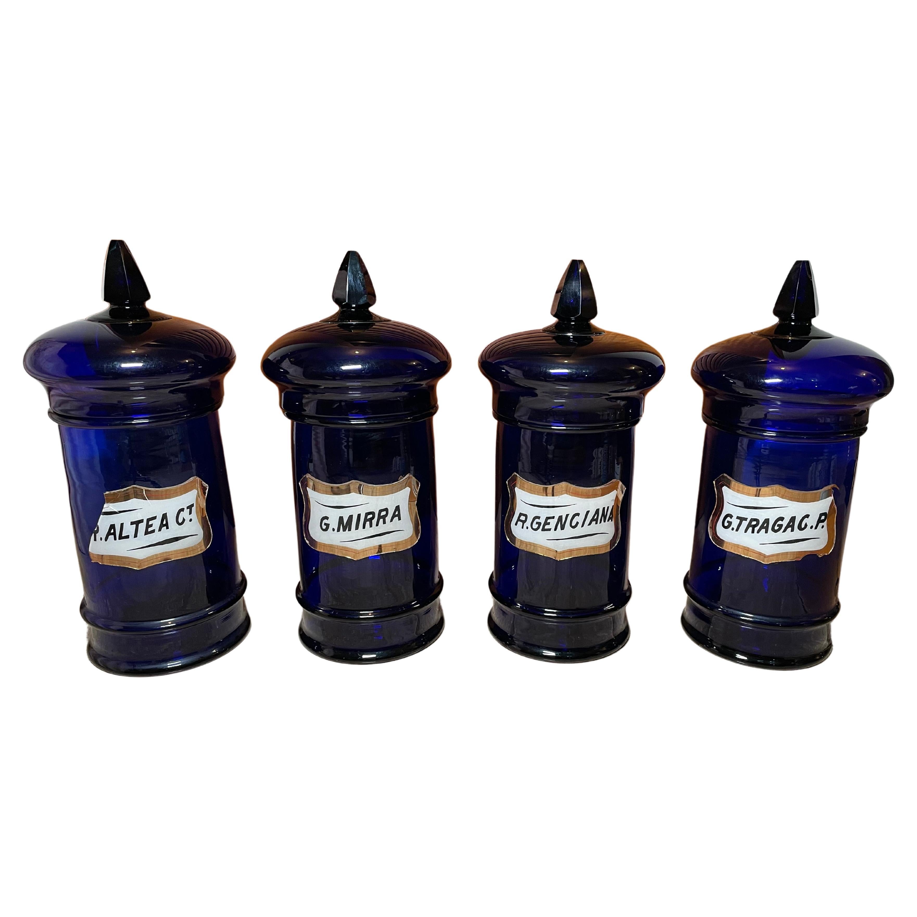Set Of Four Cobalt Blue Glass Apothecary Jars