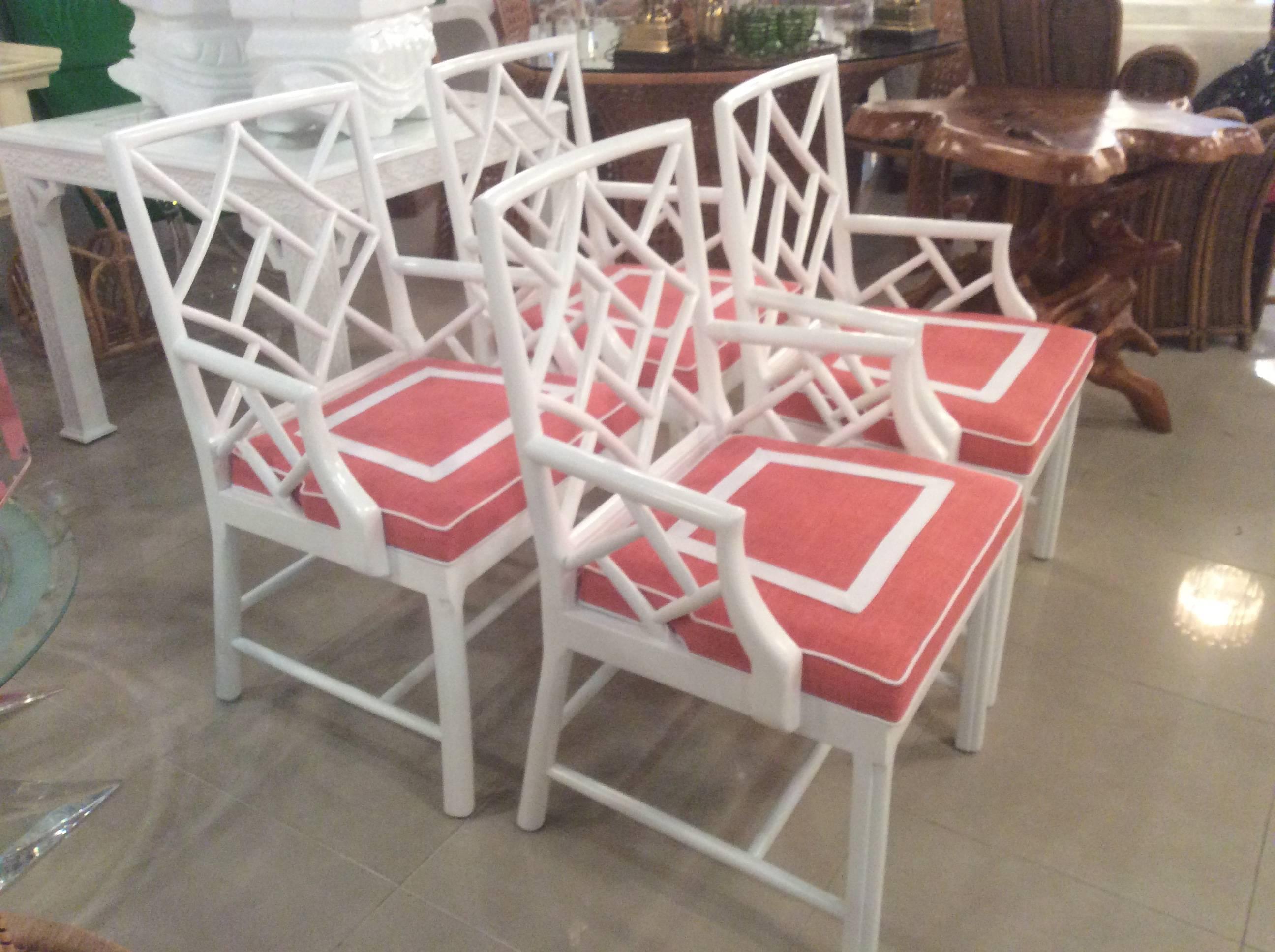 Late 20th Century Set of Four Cockpen Armchairs Chairs Chinese Chippendale White Lacquered Vintage