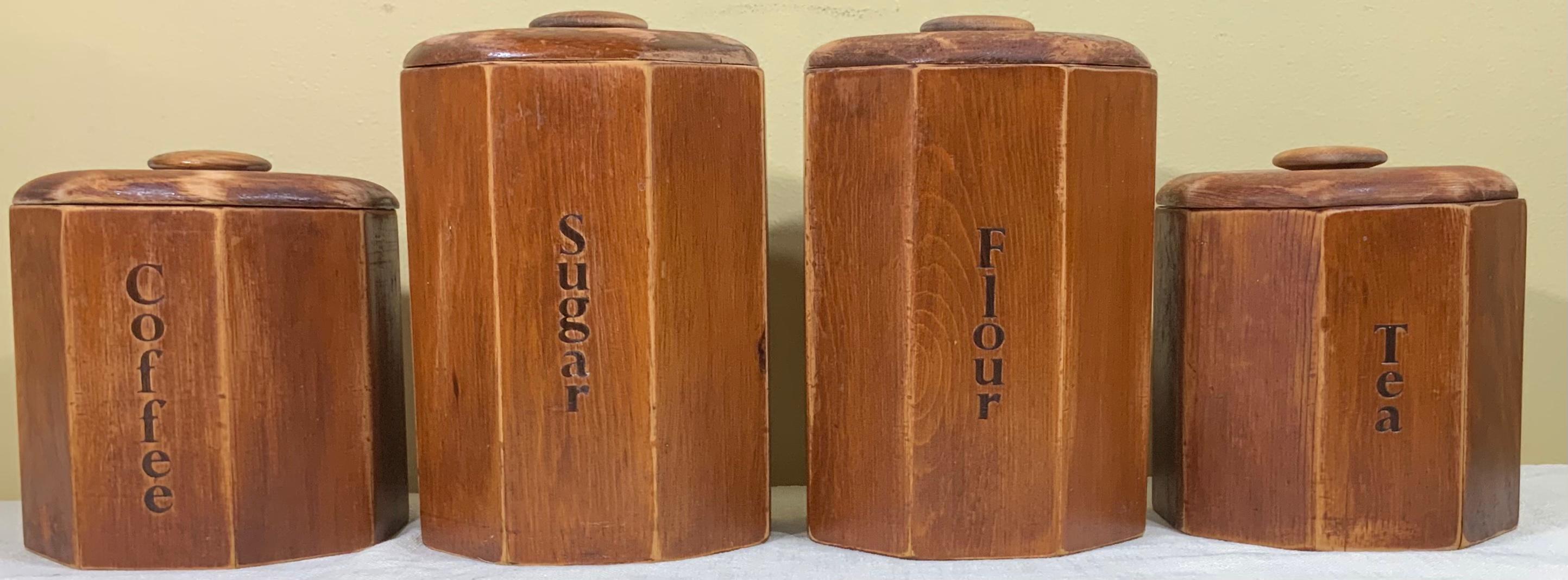 unique containers hand crafted from Cypress wood artistic craftsmanship the lid comes off and each has acrylic container in . 
Originally came from old wood cabin. Decorative addition to any kitchen.
2 pieces size : 6”25 x 9”
2 pieces size :