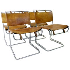 Set of Four Cognac Leather and Chrome Chairs Dining Chairs