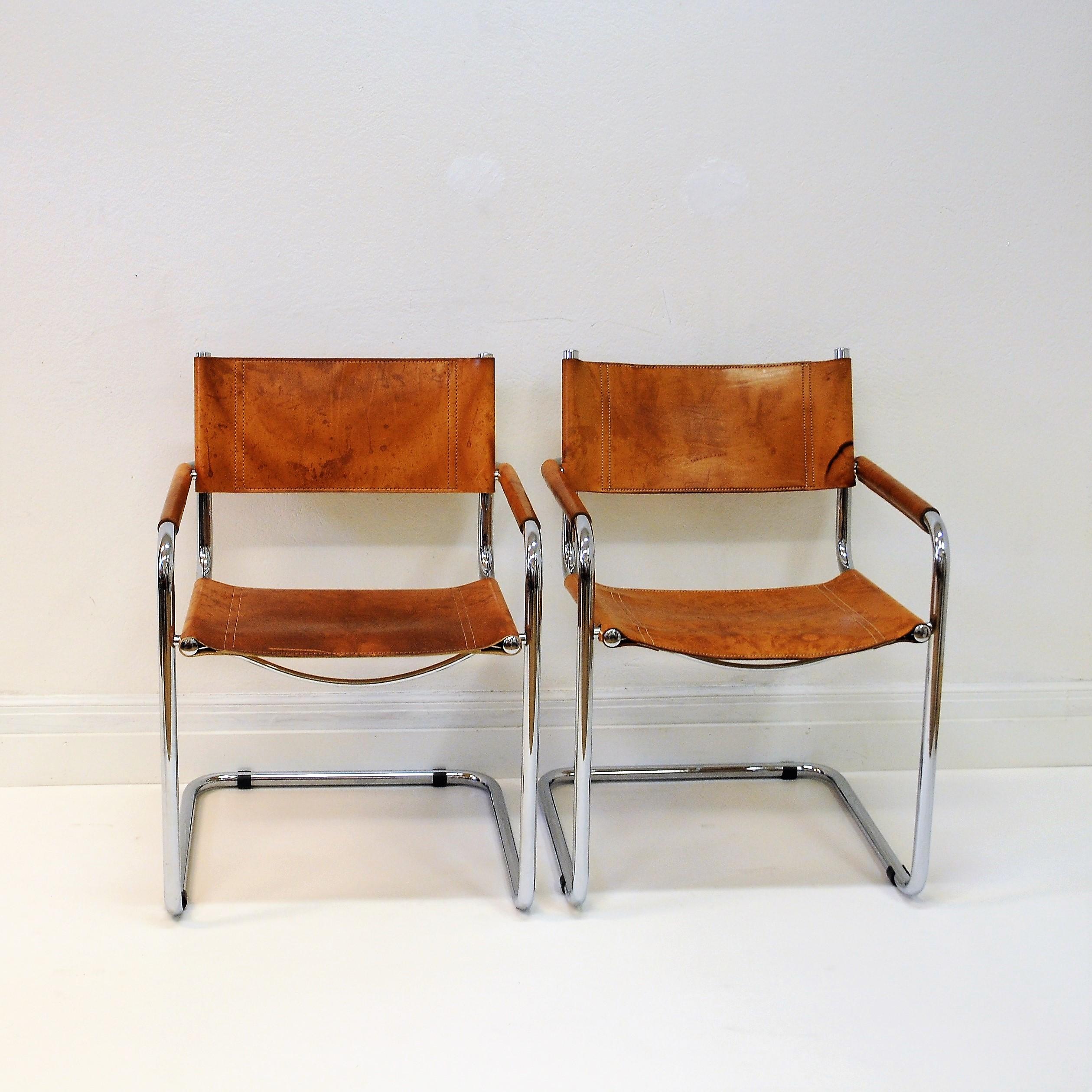 Mid-Century Modern Set of Four Cognac Leather Armchairs by Mart Stam, Fasem, Italy