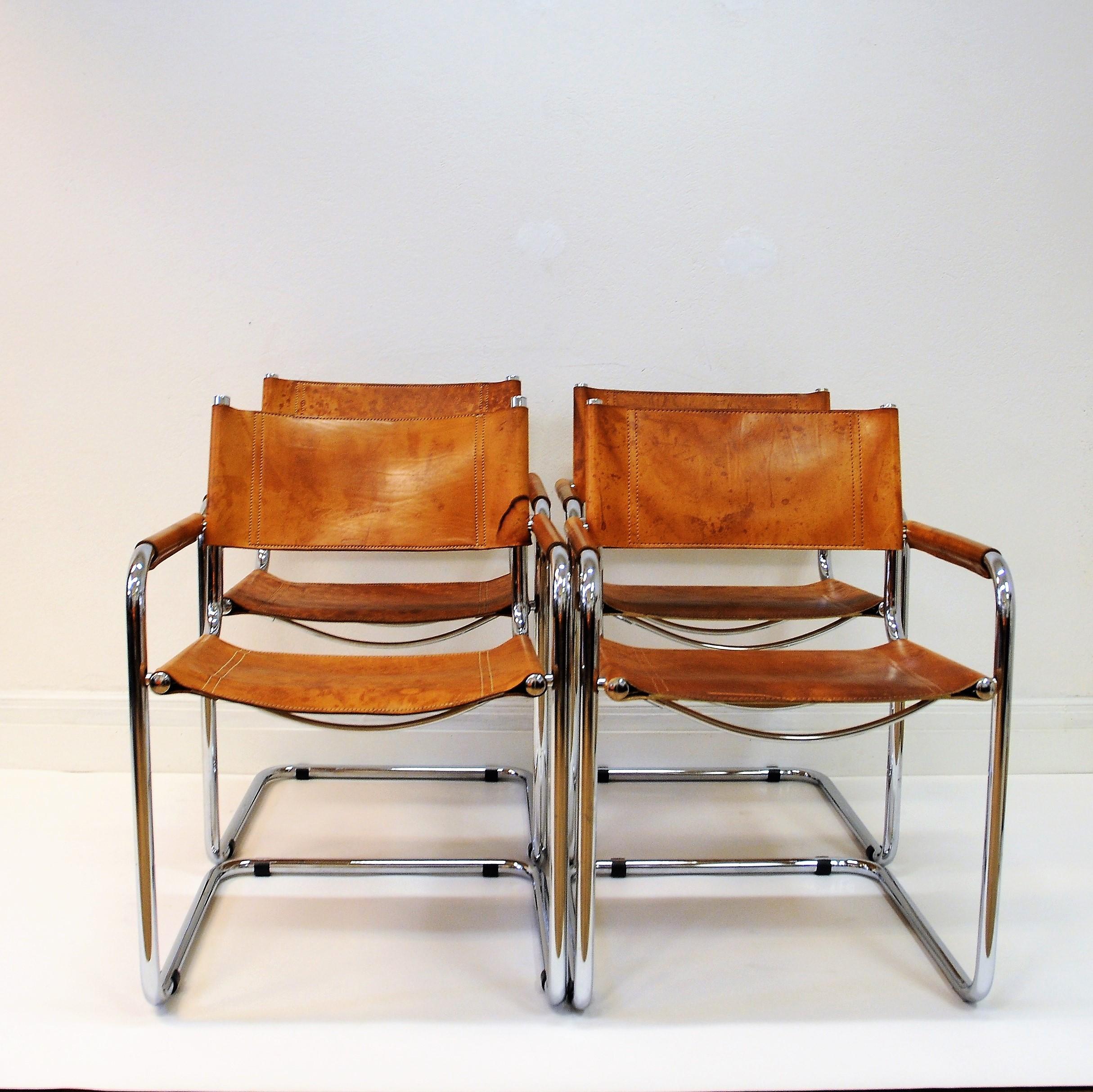 Italian Set of Four Cognac Leather Armchairs by Mart Stam, Fasem, Italy