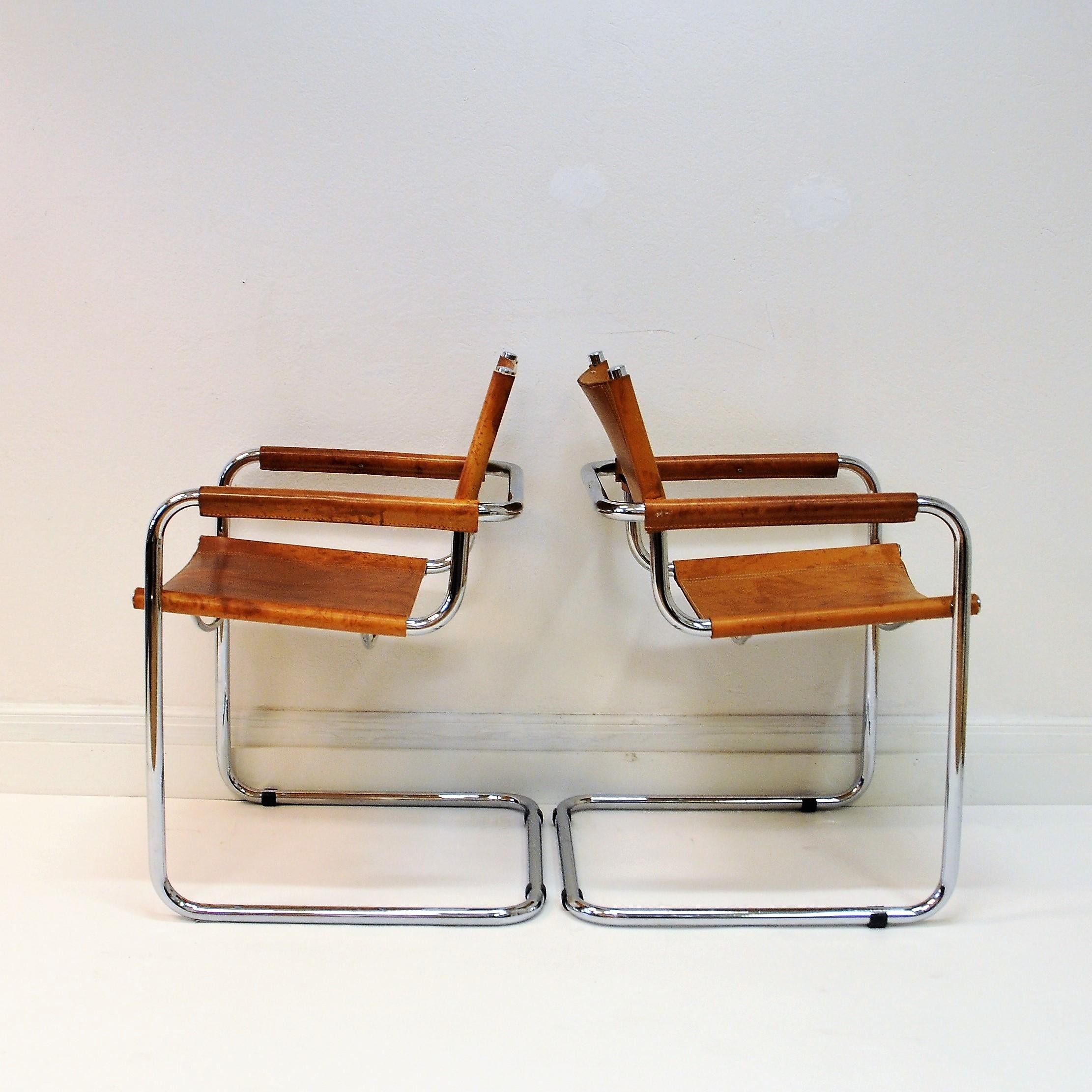 Late 20th Century Set of Four Cognac Leather Armchairs by Mart Stam, Fasem, Italy