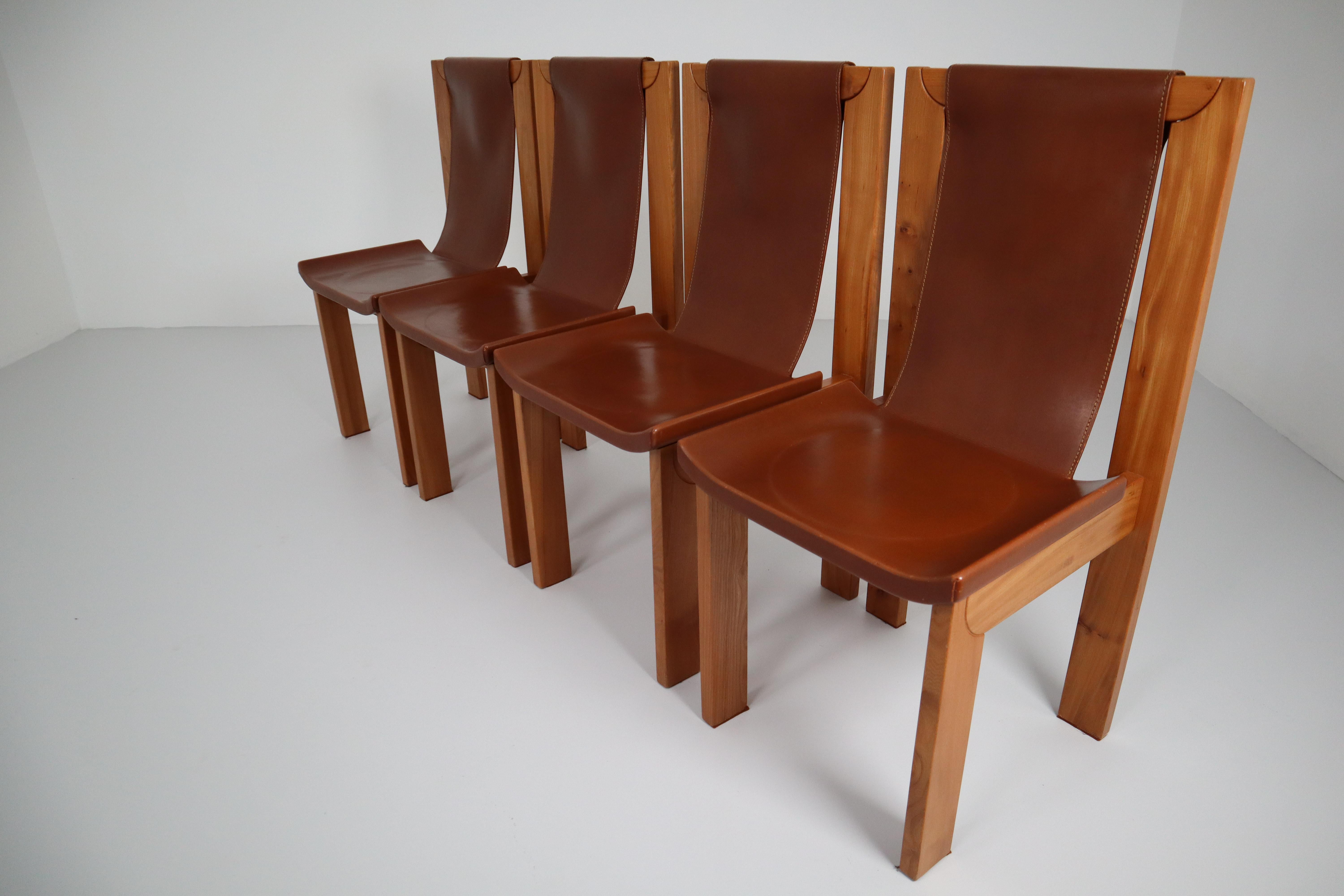 Set of Four Cognac Leather Dining Chairs in Elmwood, France, 1960s 4