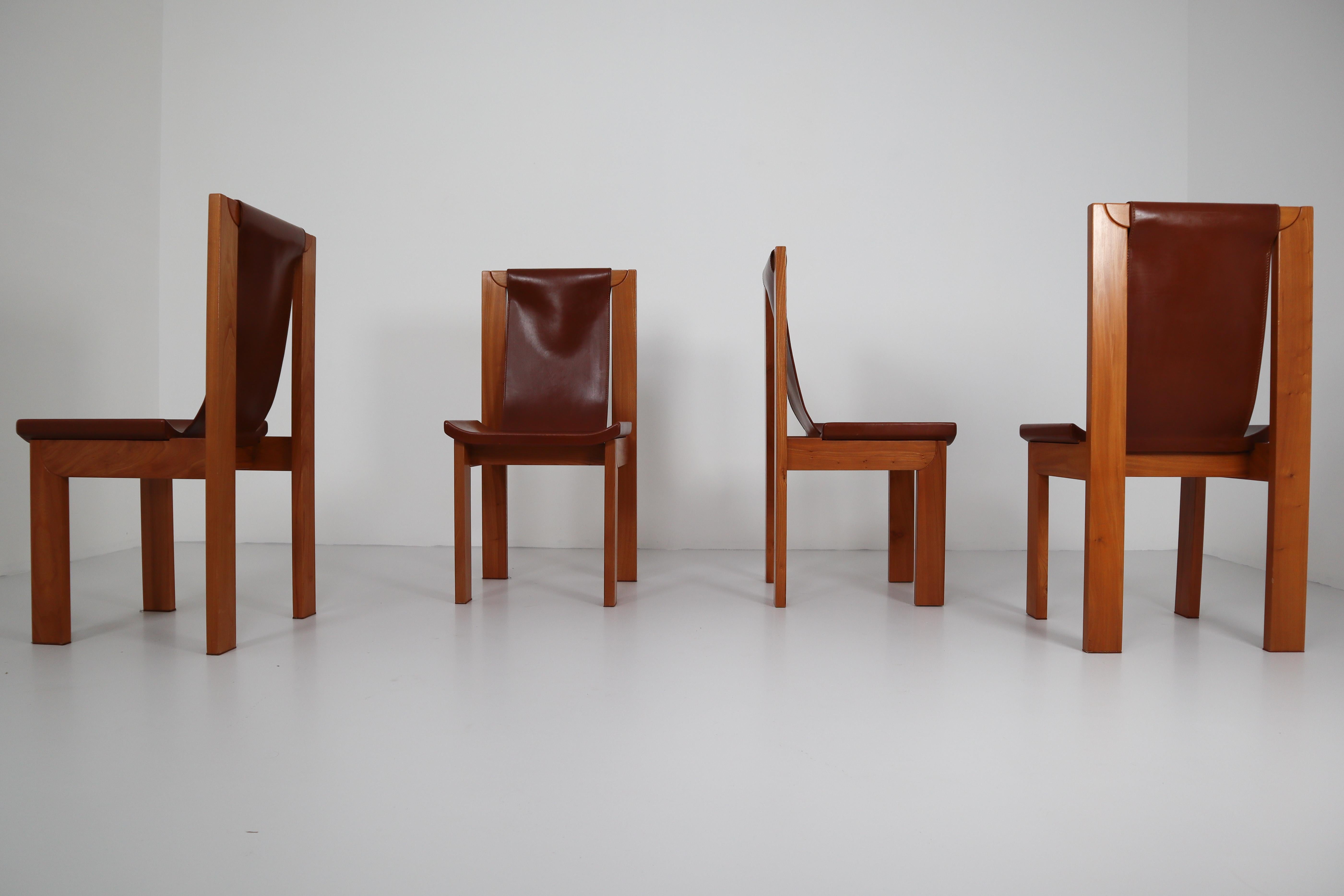 Set of Four Cognac Leather Dining Chairs in Elmwood, France, 1960s 5