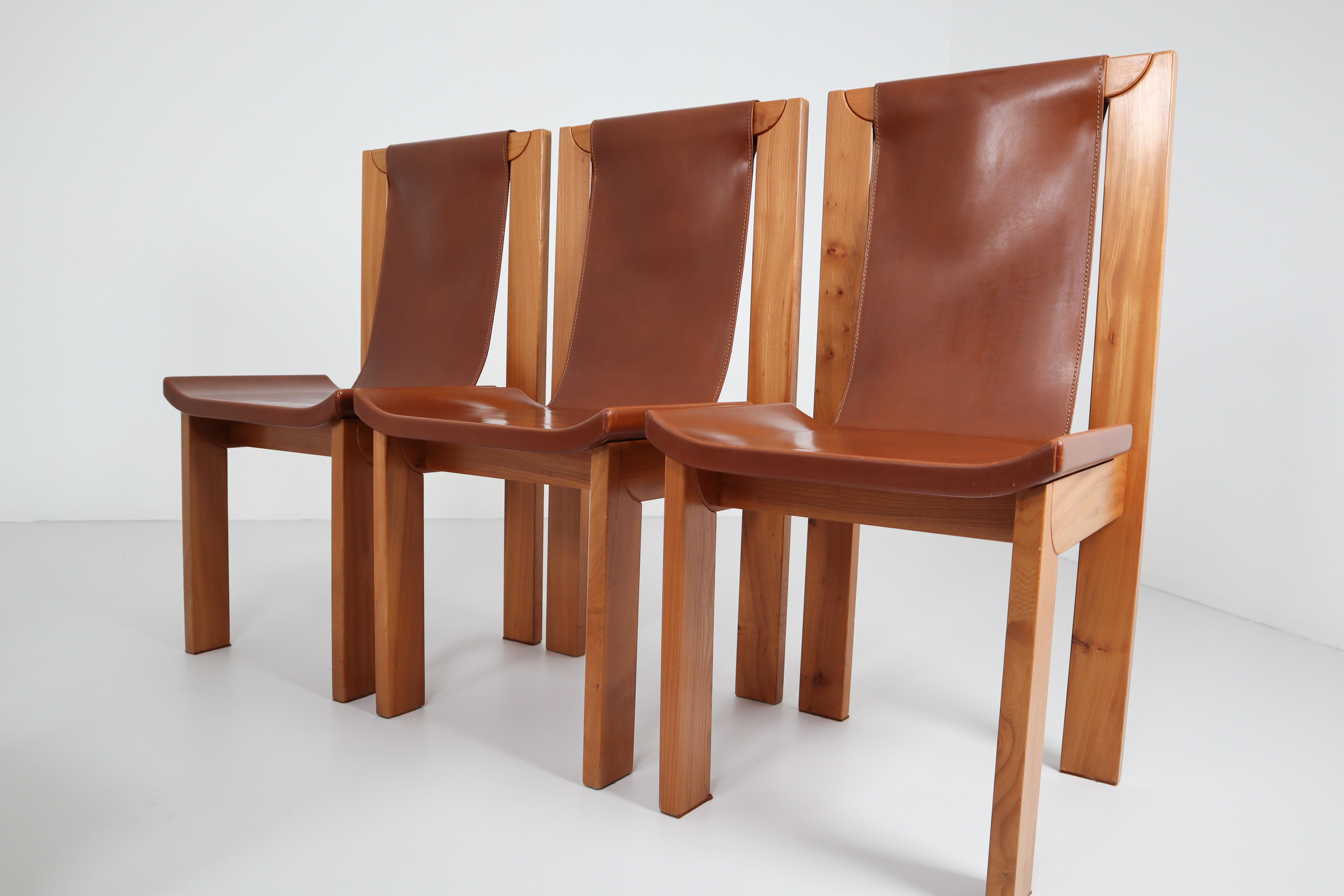 Mid-Century Modern Set of Four Cognac Leather Dining Chairs in Elmwood, France, 1960s