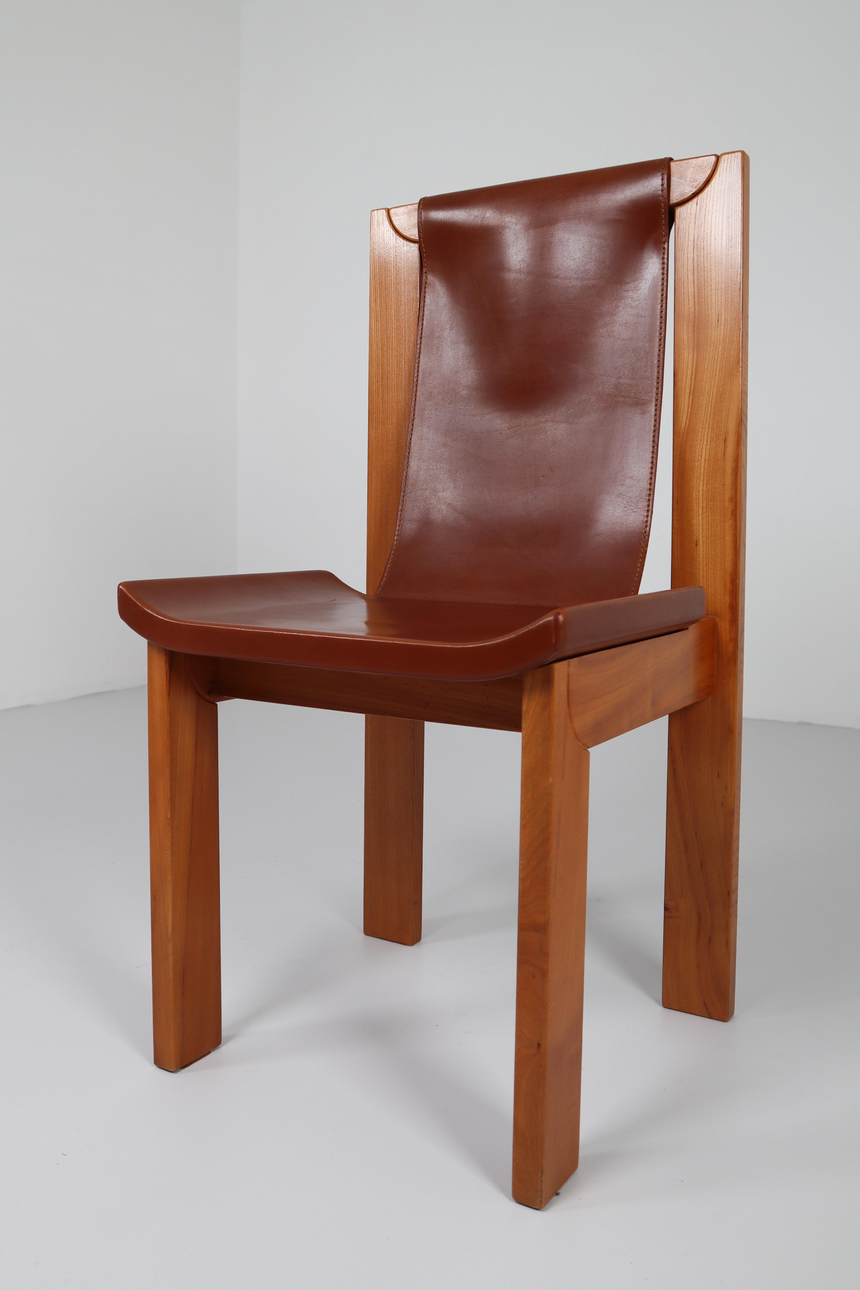 French Set of Four Cognac Leather Dining Chairs in Elmwood, France, 1960s