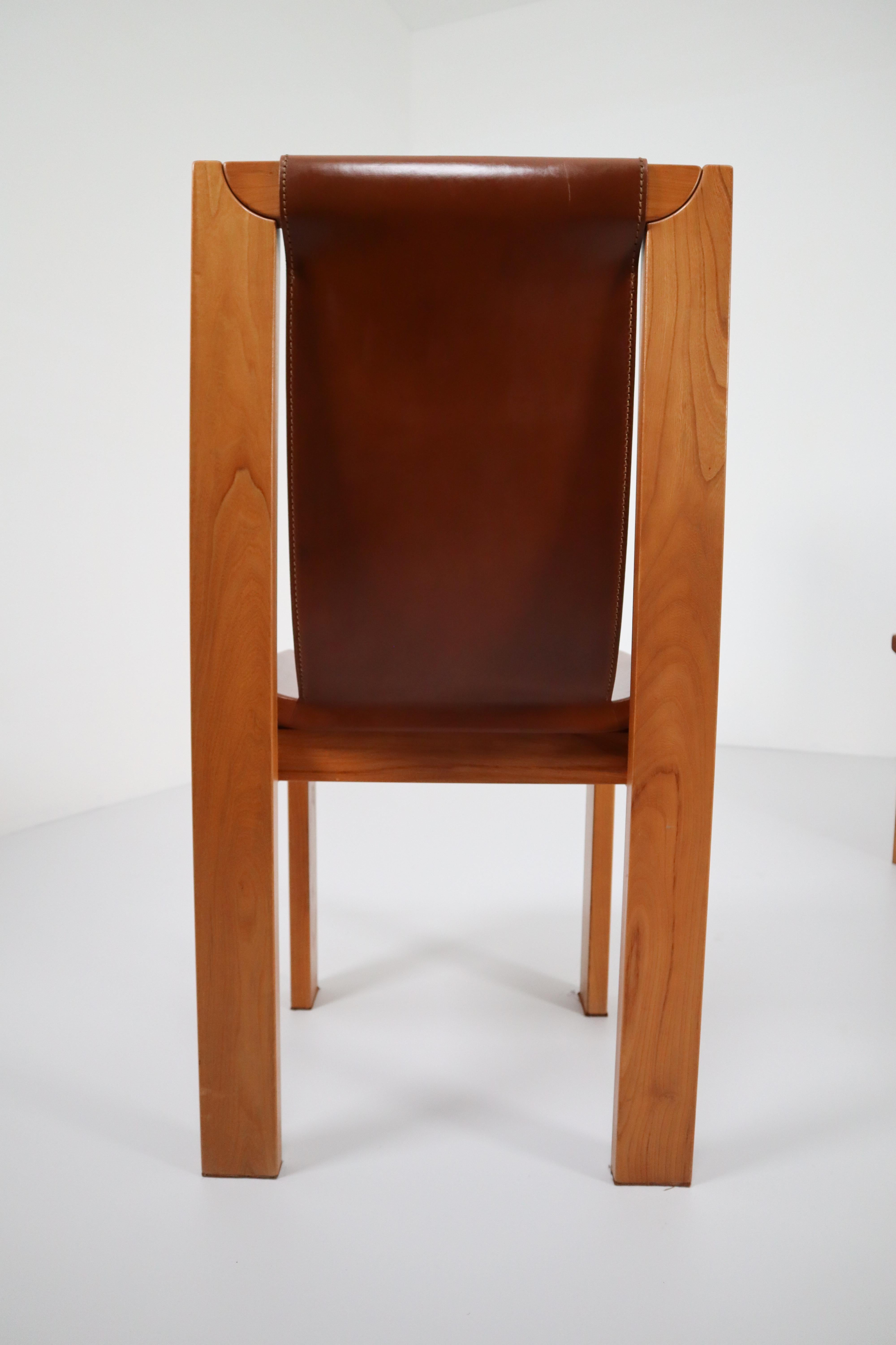 Set of Four Cognac Leather Dining Chairs in Elmwood, France, 1960s 1