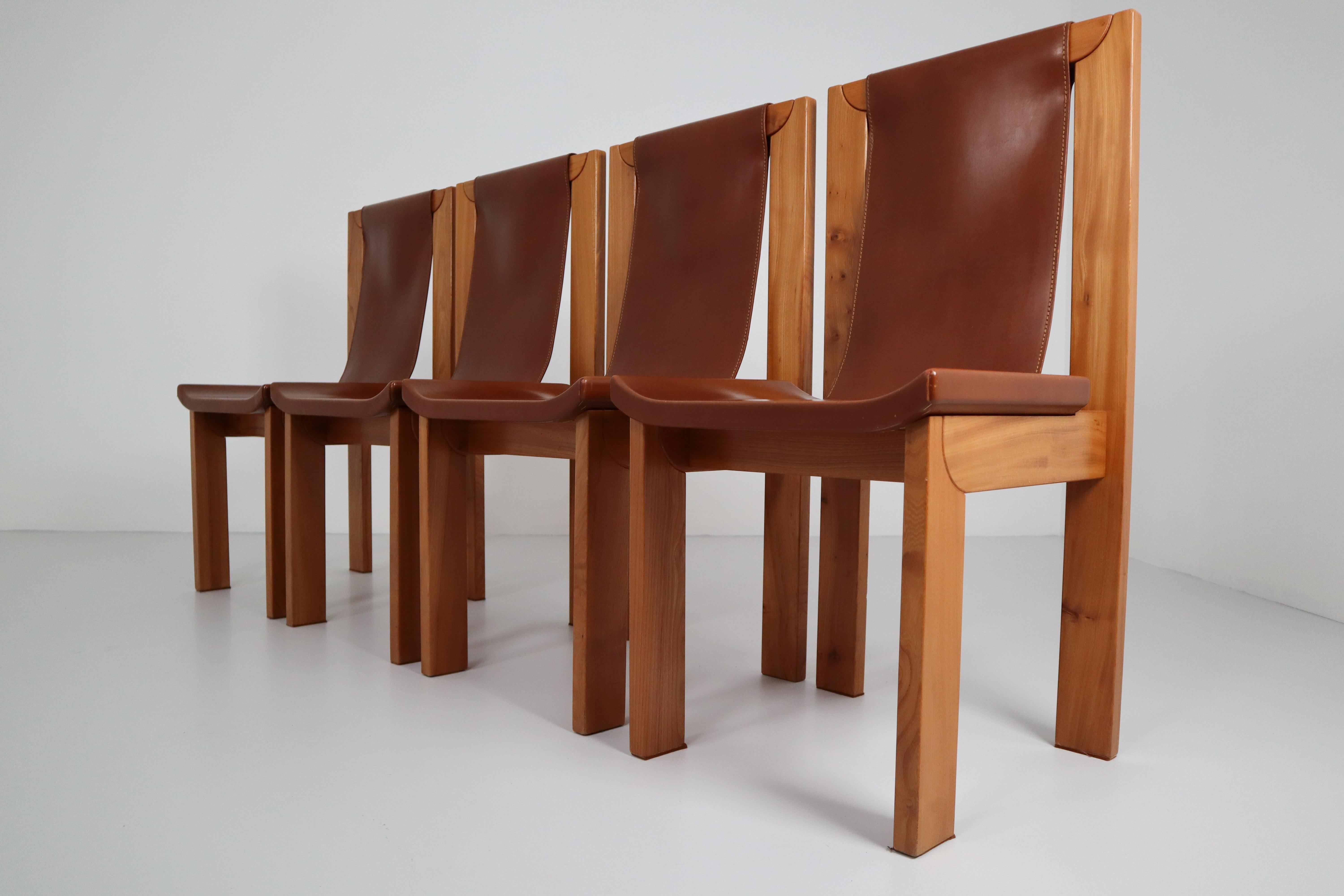 Set of Four Cognac Leather Dining Chairs in Elmwood, France, 1960s 2
