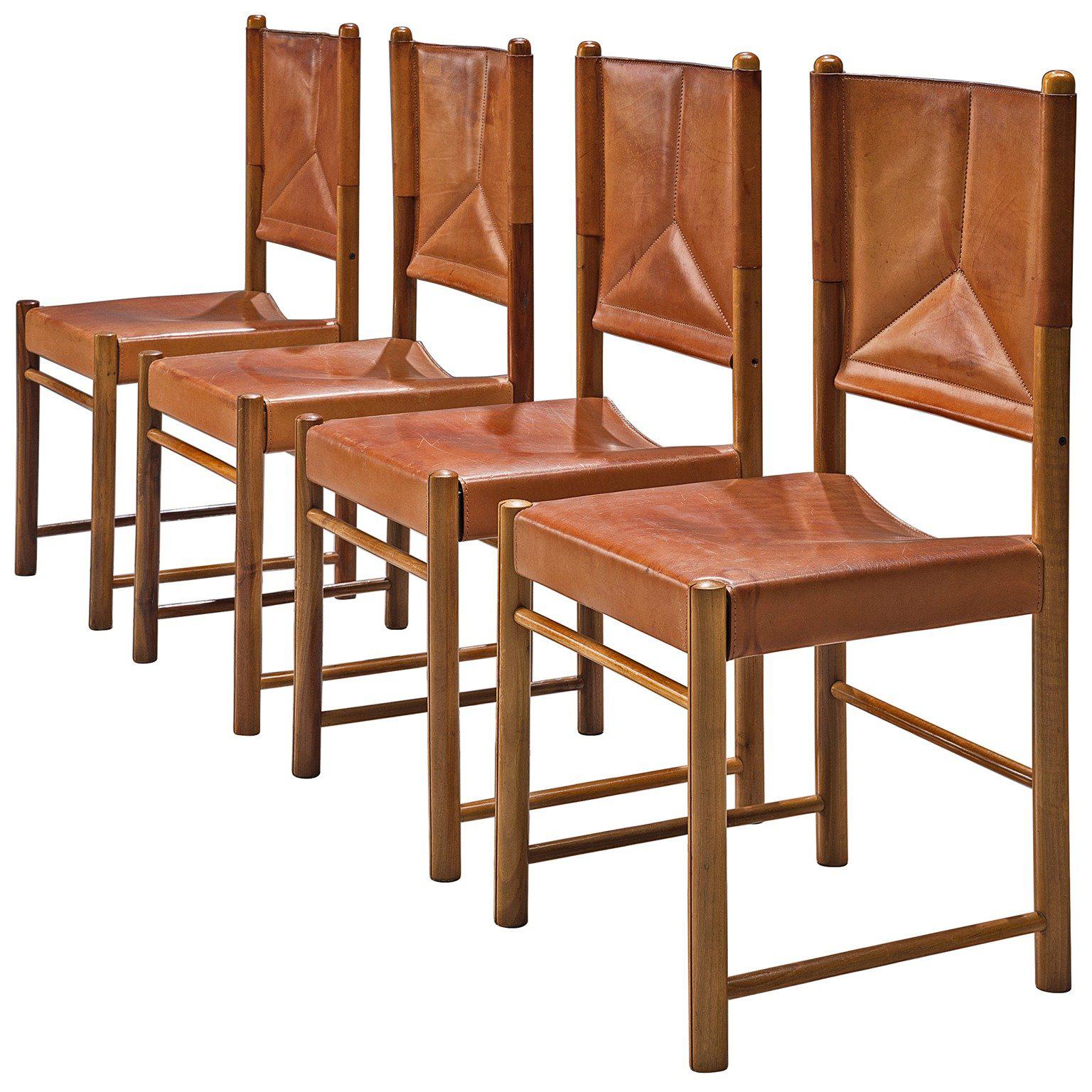Set of Four Cognac Leather Dining Chairs, Italy