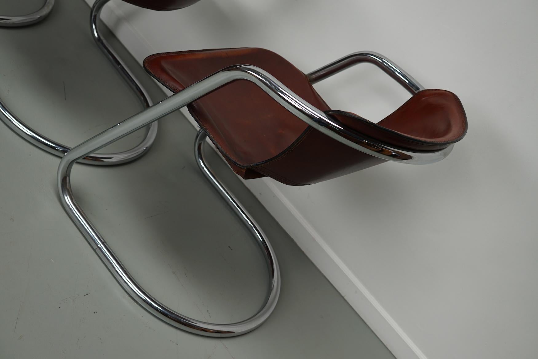 Set of Four Cognac Leather Dining Chairs, Willy Rizzo, 1970s 4