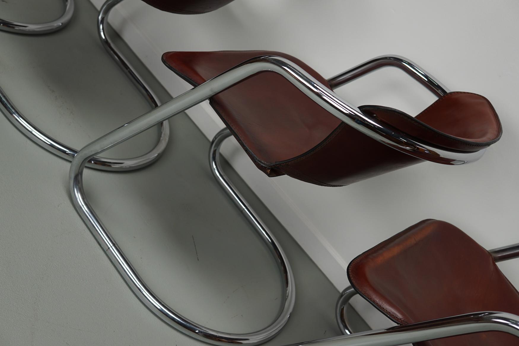 Set of Four Cognac Leather Dining Chairs, Willy Rizzo, 1970s 5