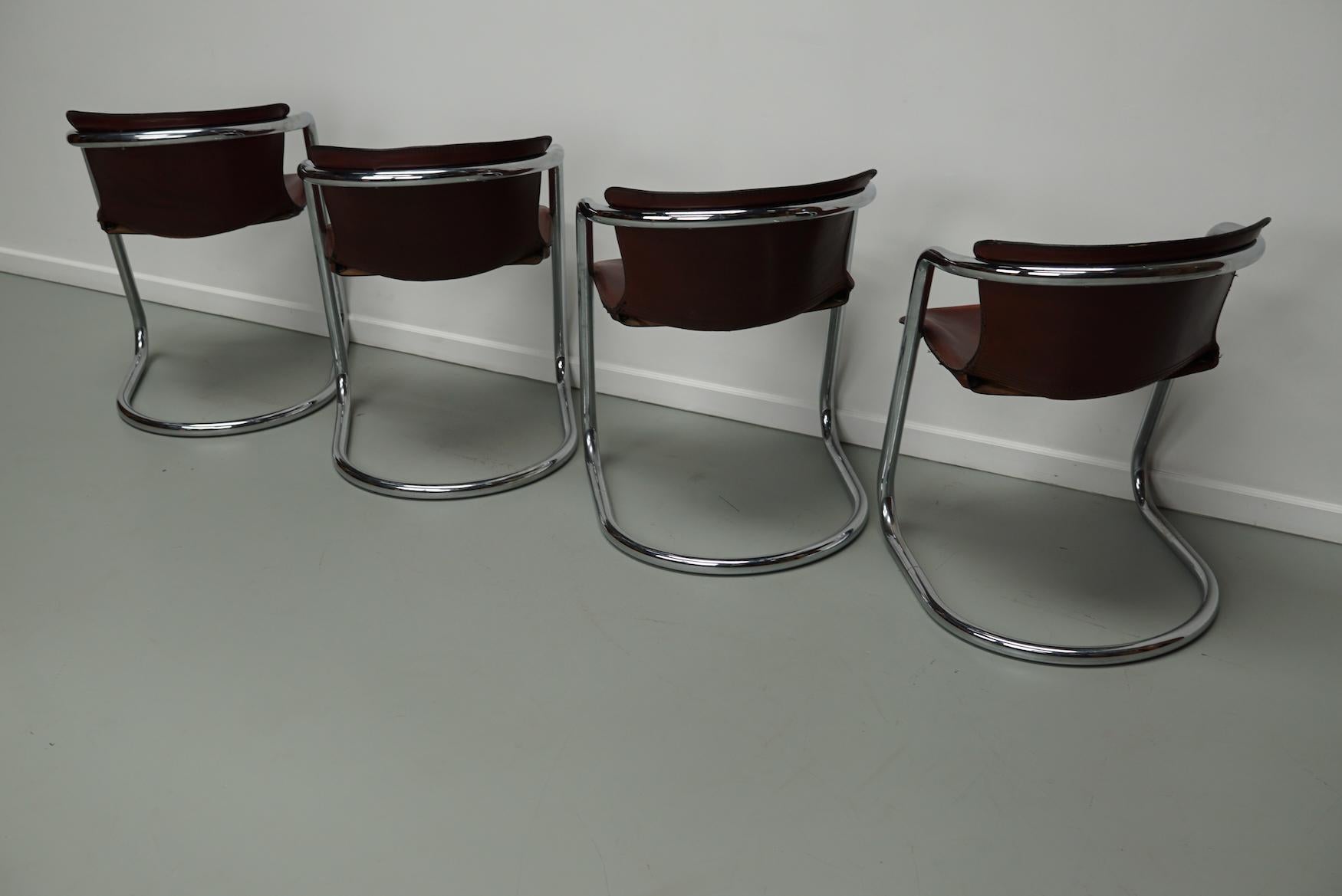 Set of Four Cognac Leather Dining Chairs, Willy Rizzo, 1970s 6