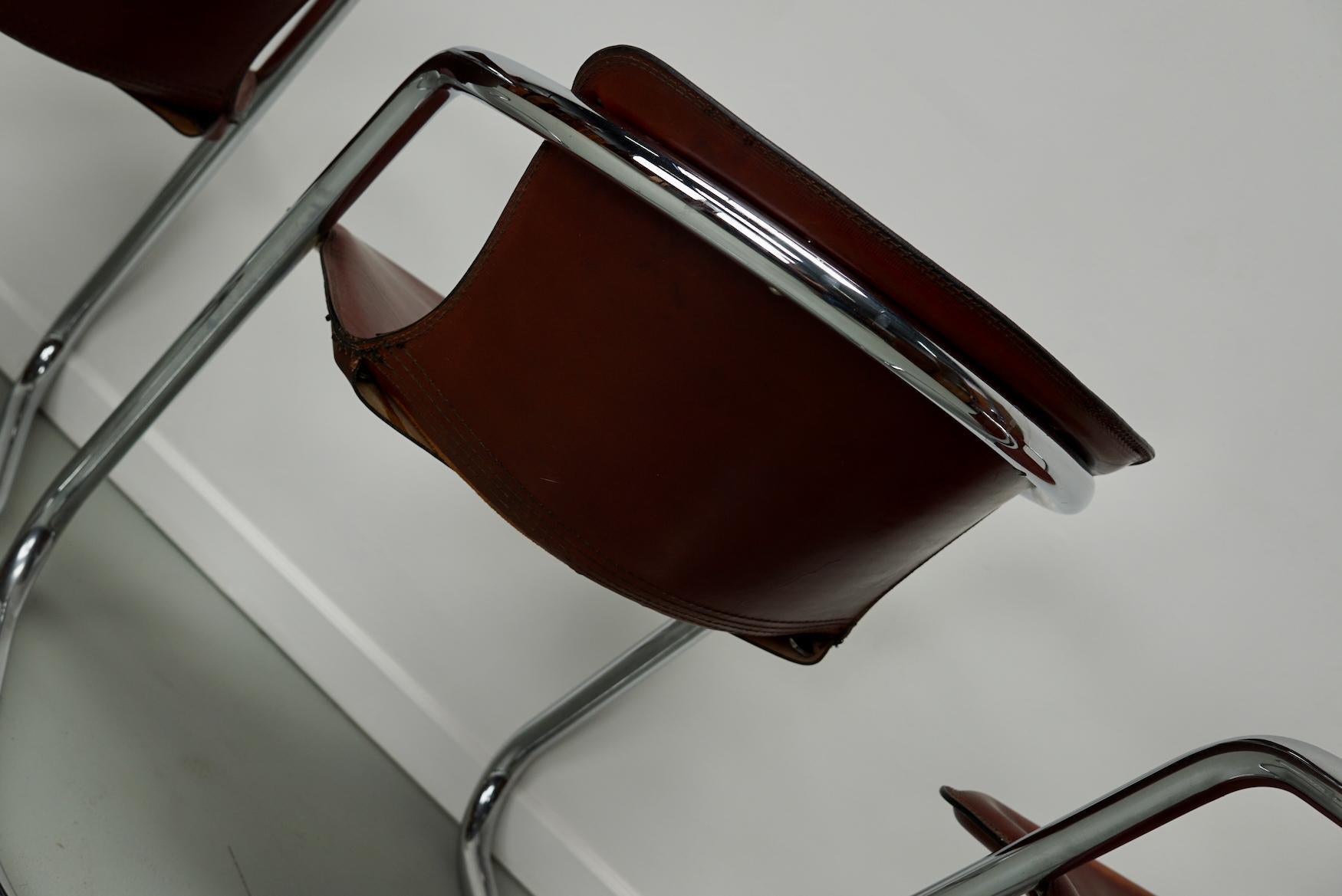 Set of Four Cognac Leather Dining Chairs, Willy Rizzo, 1970s 7