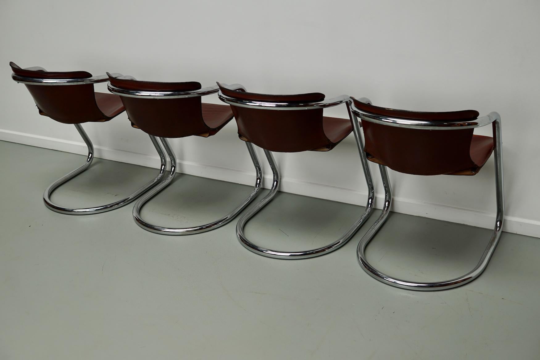 Set of Four Cognac Leather Dining Chairs, Willy Rizzo, 1970s 8