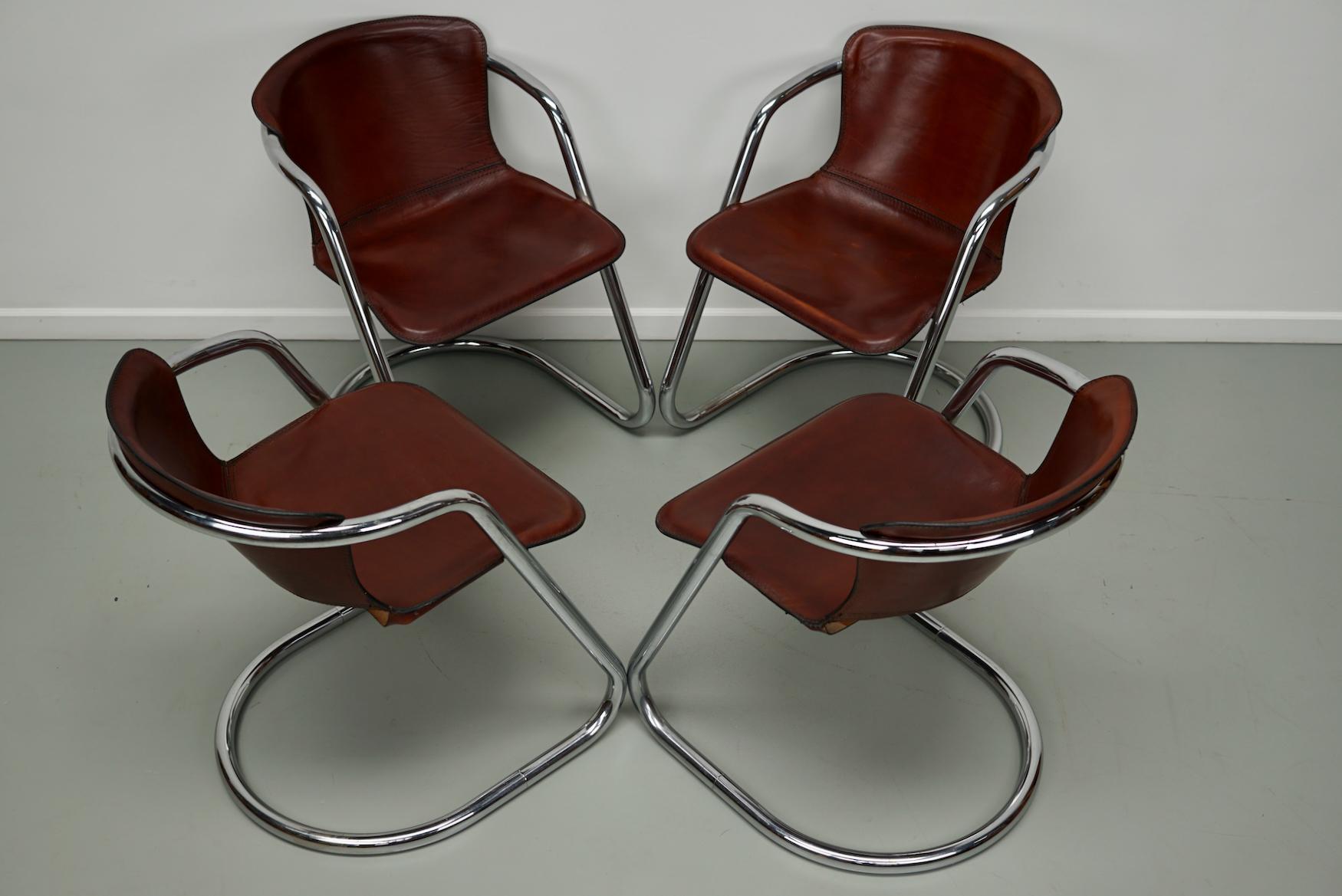 Set of Four Cognac Leather Dining Chairs, Willy Rizzo, 1970s 9