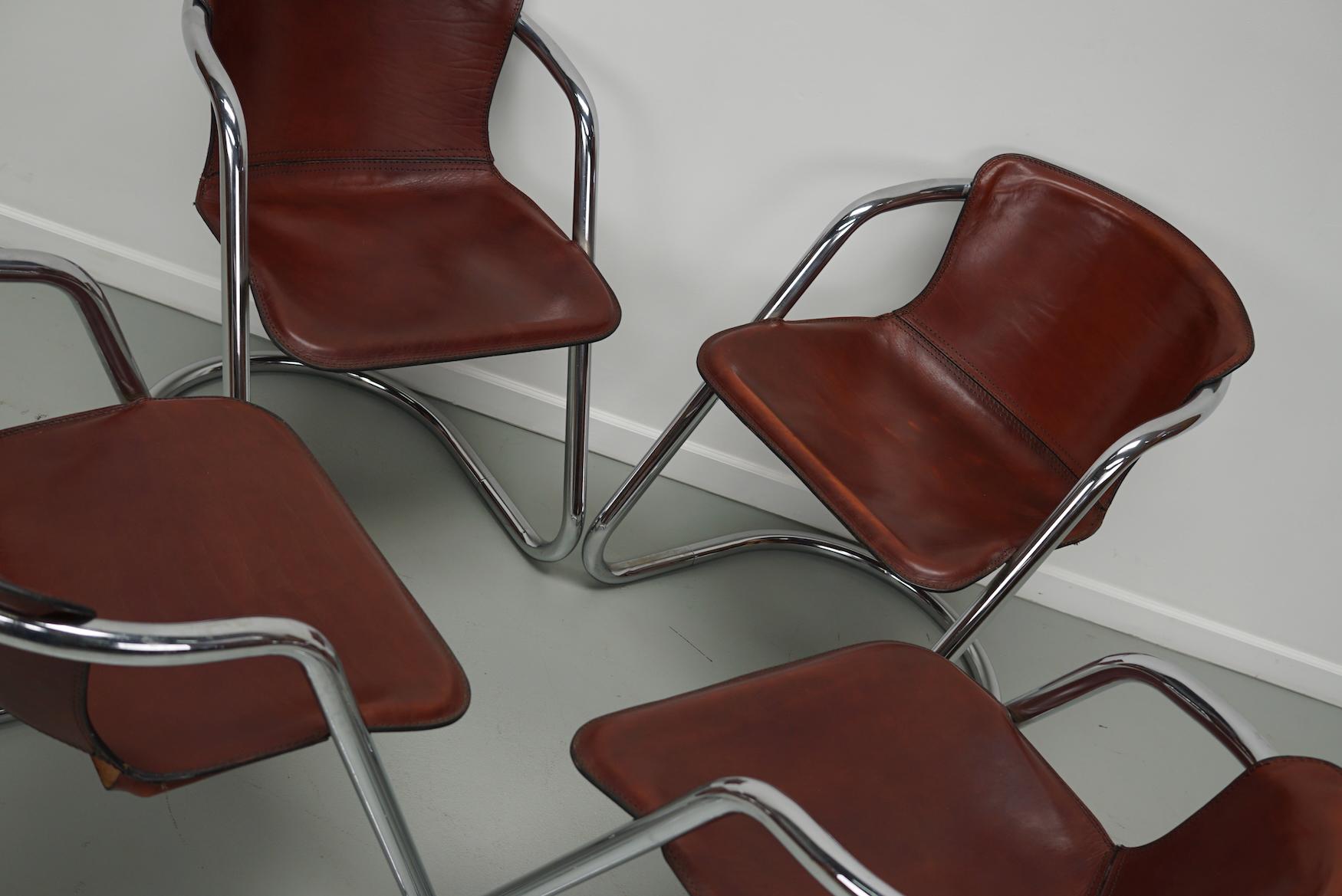 Set of Four Cognac Leather Dining Chairs, Willy Rizzo, 1970s 10