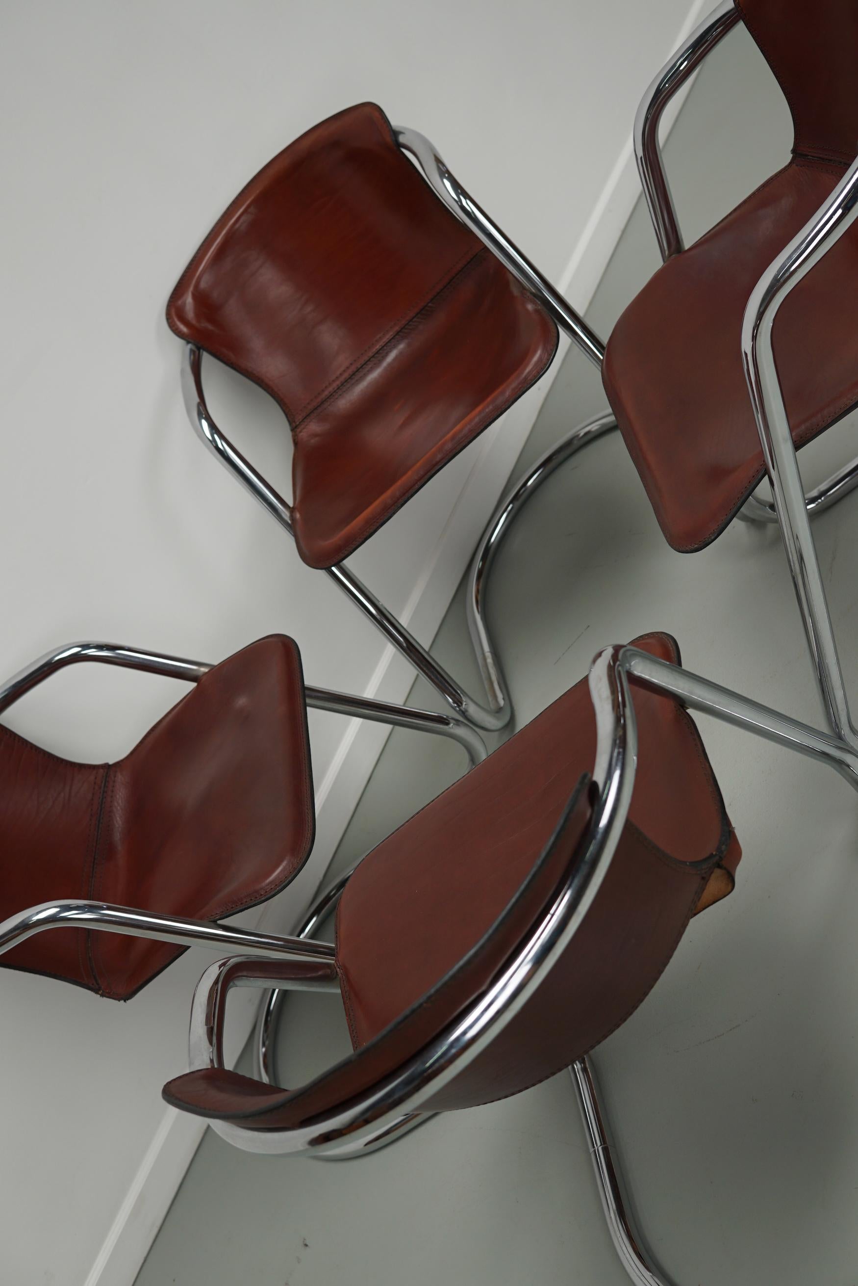 Set of Four Cognac Leather Dining Chairs, Willy Rizzo, 1970s 11