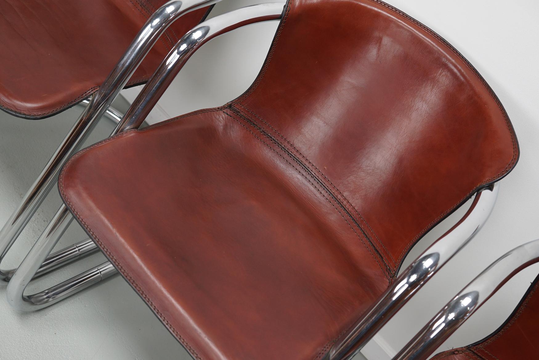 Mid-Century Modern Set of Four Cognac Leather Dining Chairs, Willy Rizzo, 1970s