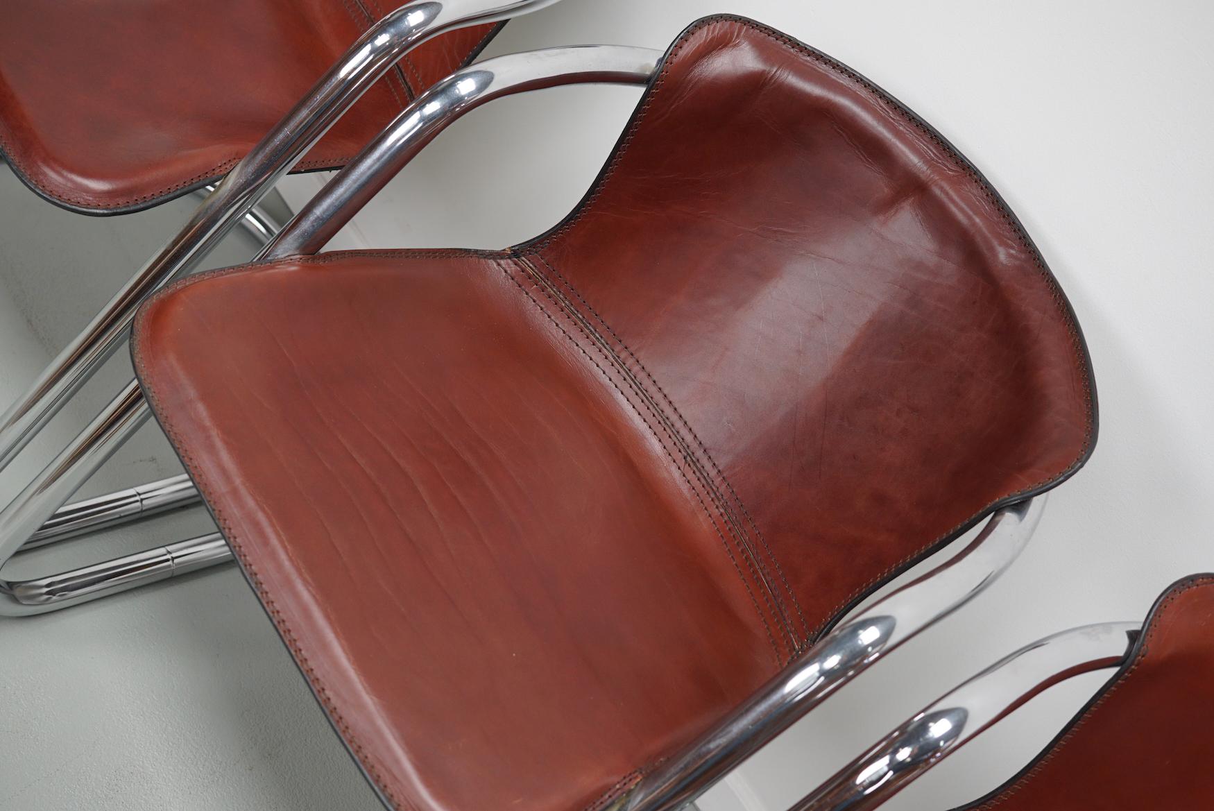 Set of Four Cognac Leather Dining Chairs, Willy Rizzo, 1970s In Good Condition In Nijmegen, NL