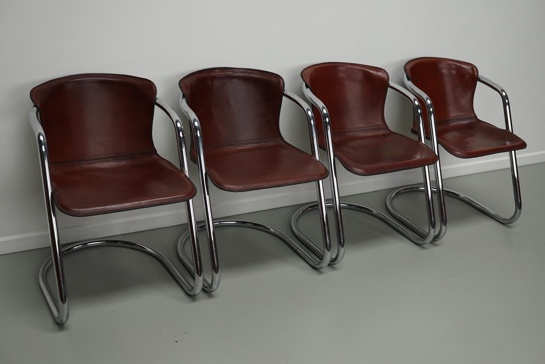 Set of Four Cognac Leather Dining Chairs, Willy Rizzo, 1970s 1