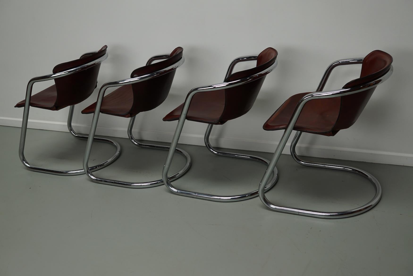 Set of Four Cognac Leather Dining Chairs, Willy Rizzo, 1970s 3