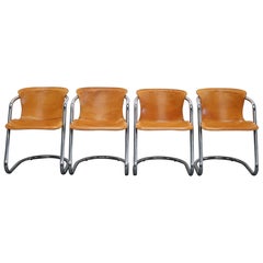 Set of Four Cognac Leather Dining Chairs, Willy Rizzo, 1970s